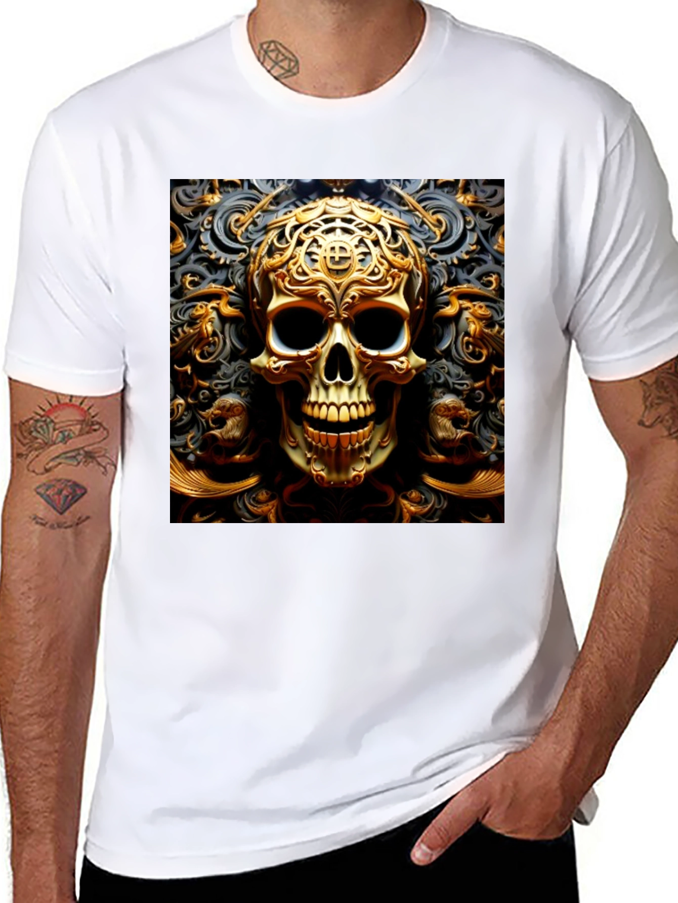 Black Ornate Gold Skull Graphic Tee view 8