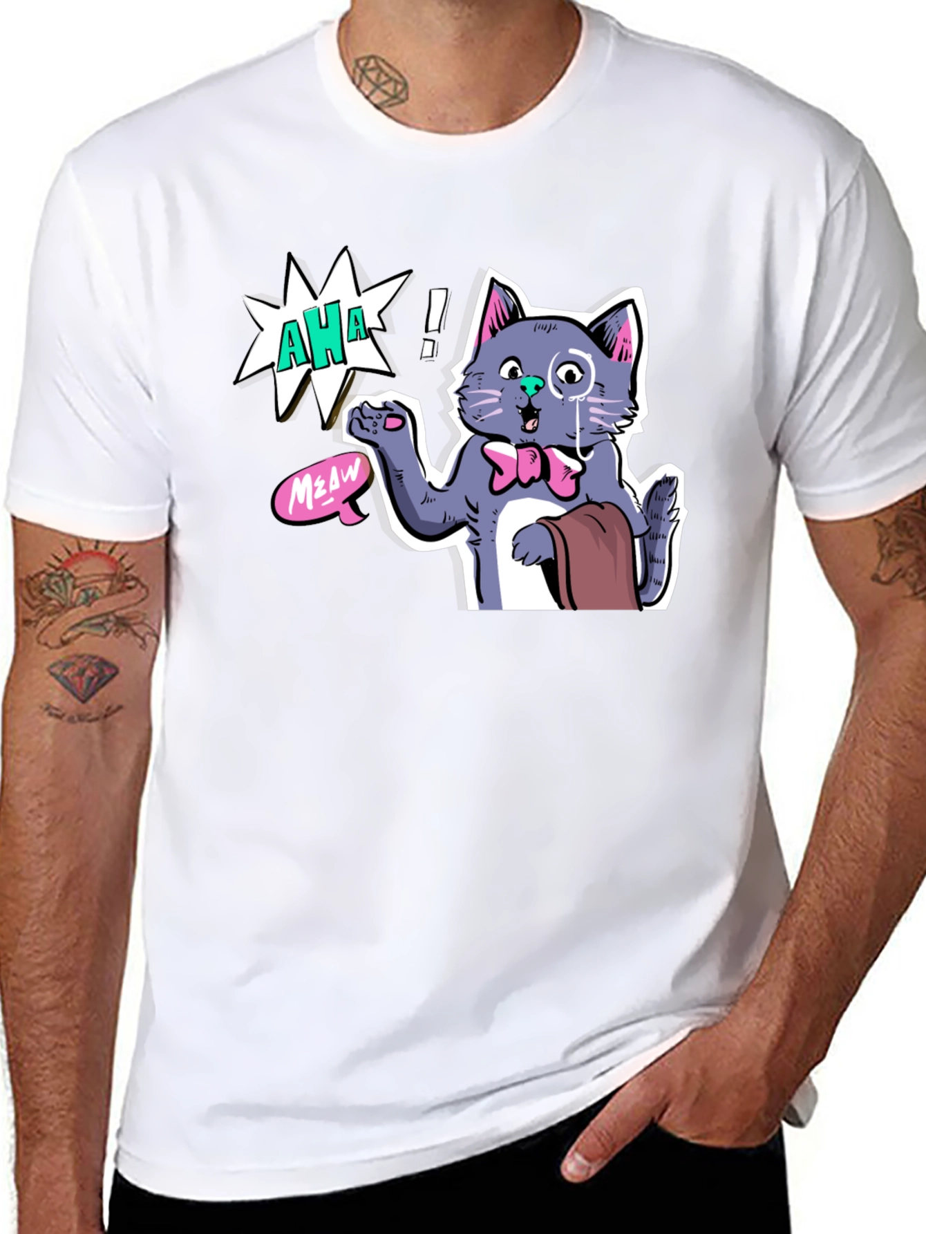 Black AHA! Monocled Cat Tee - Quirky Cartoon Style view 8