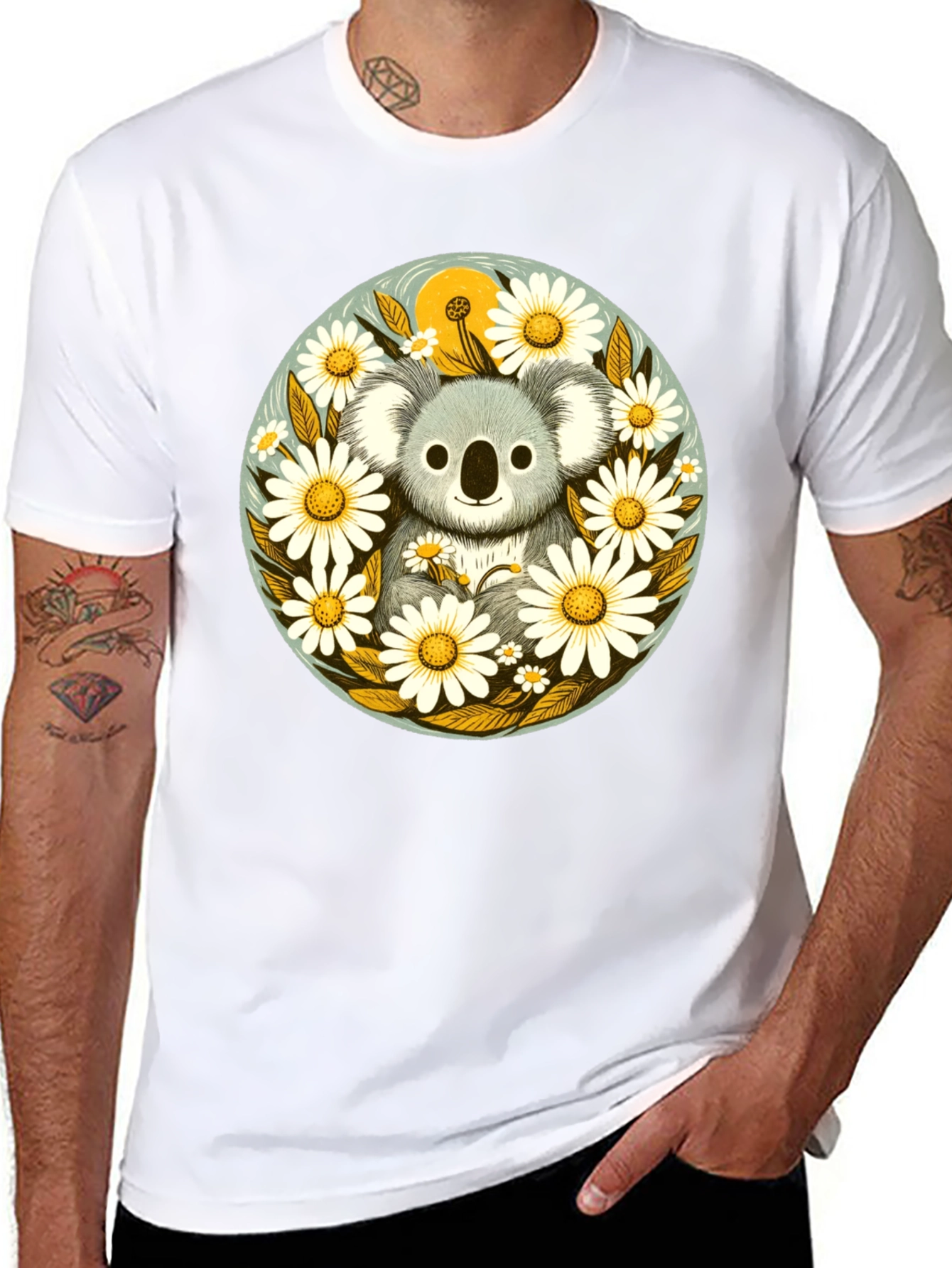 Black Koala & Daisy Graphic Tee - Black Cotton T-Shirt view 8
