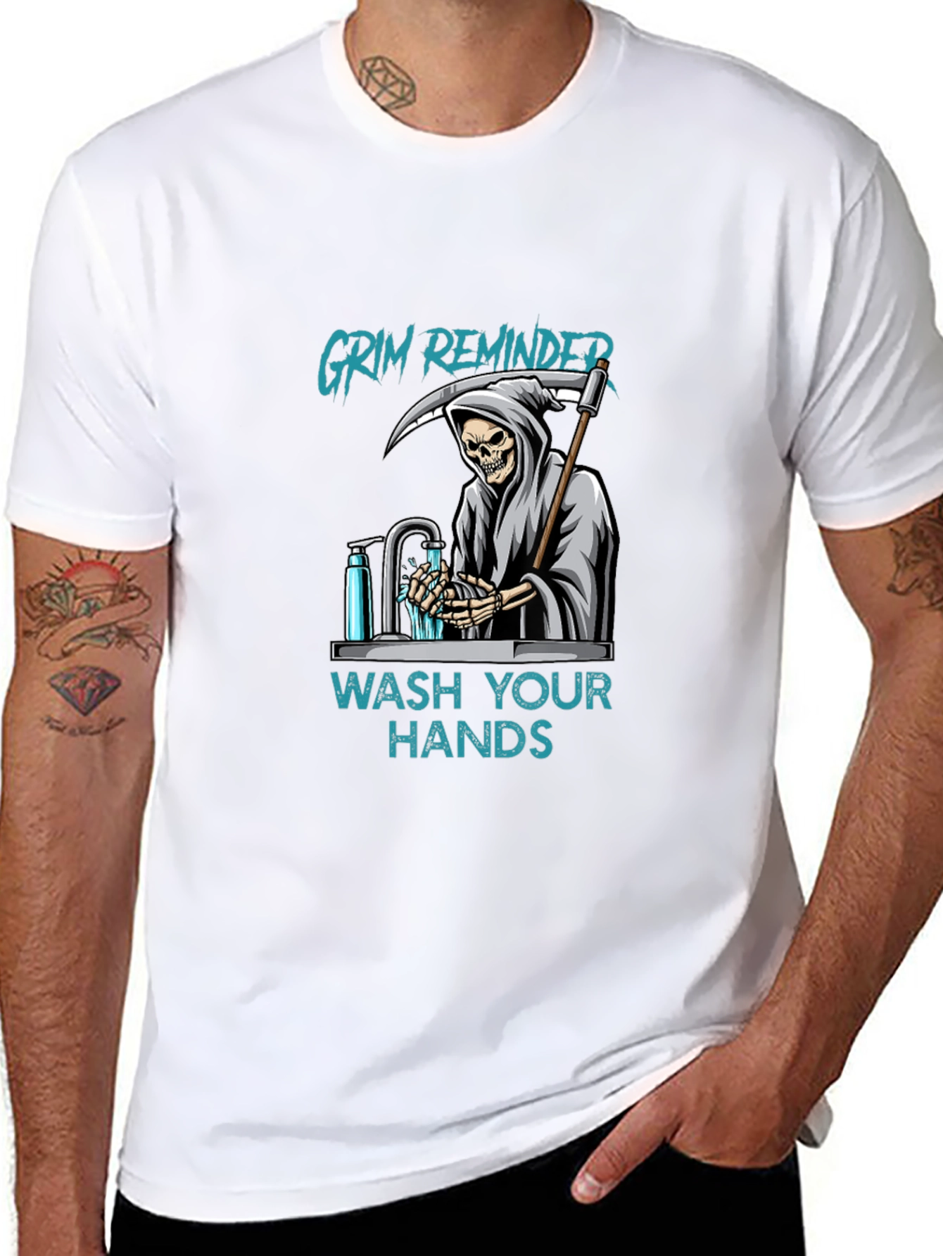 Black Grim Reminder Wash Your Hands Graphic Tee view 8