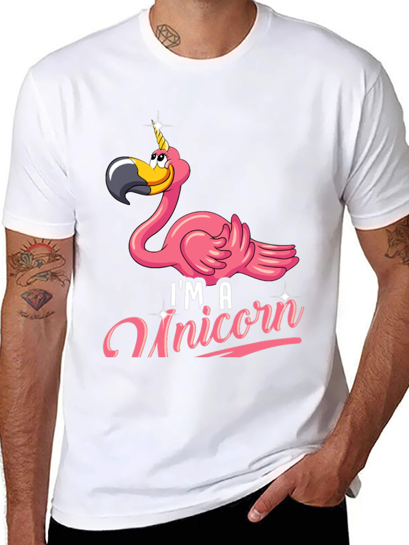 Black Funny Flamingo Unicorn Men's Black T-Shirt view 8