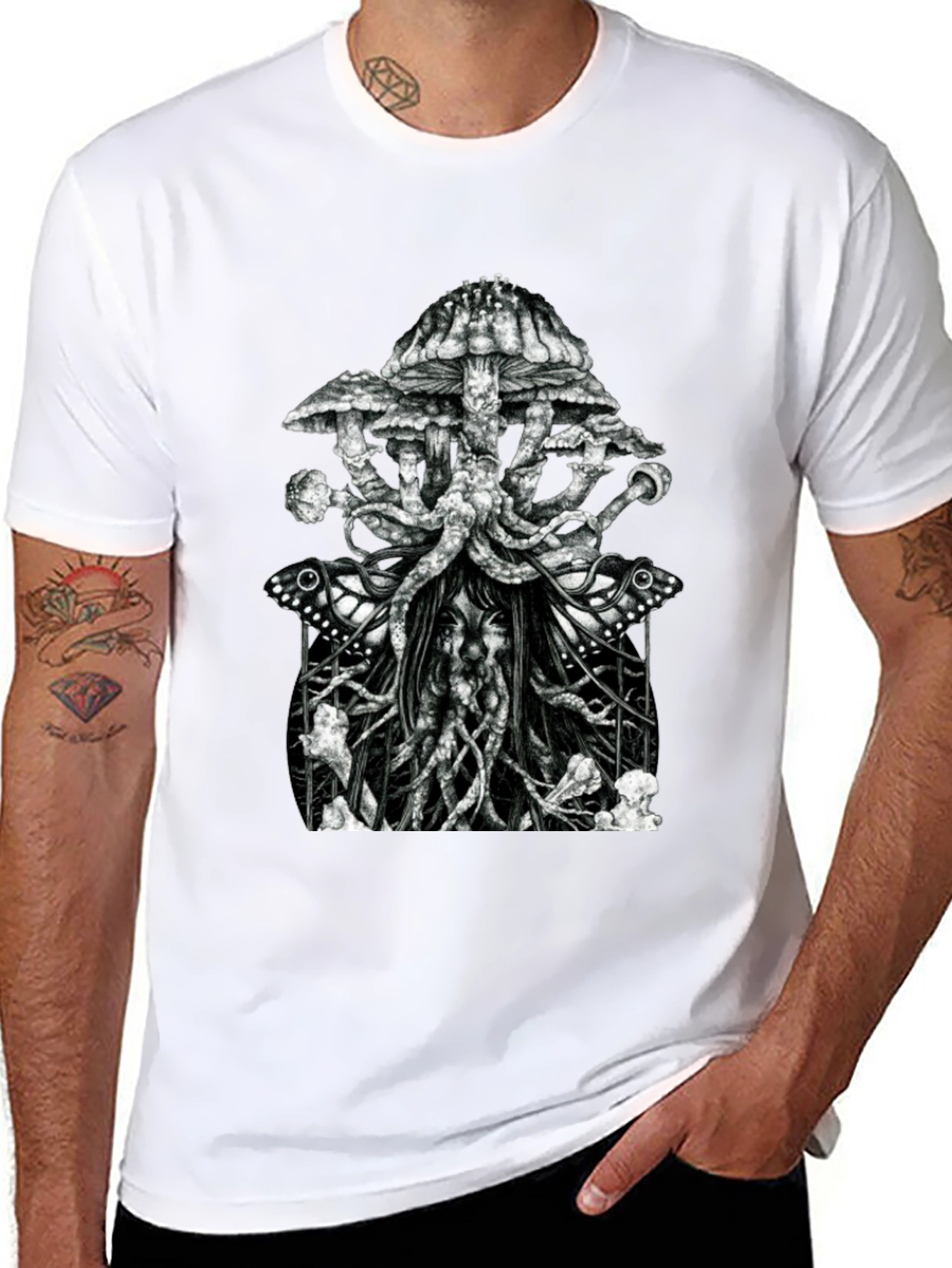 Black Mushroom & Butterfly Graphic Tee - Unique Design view 8