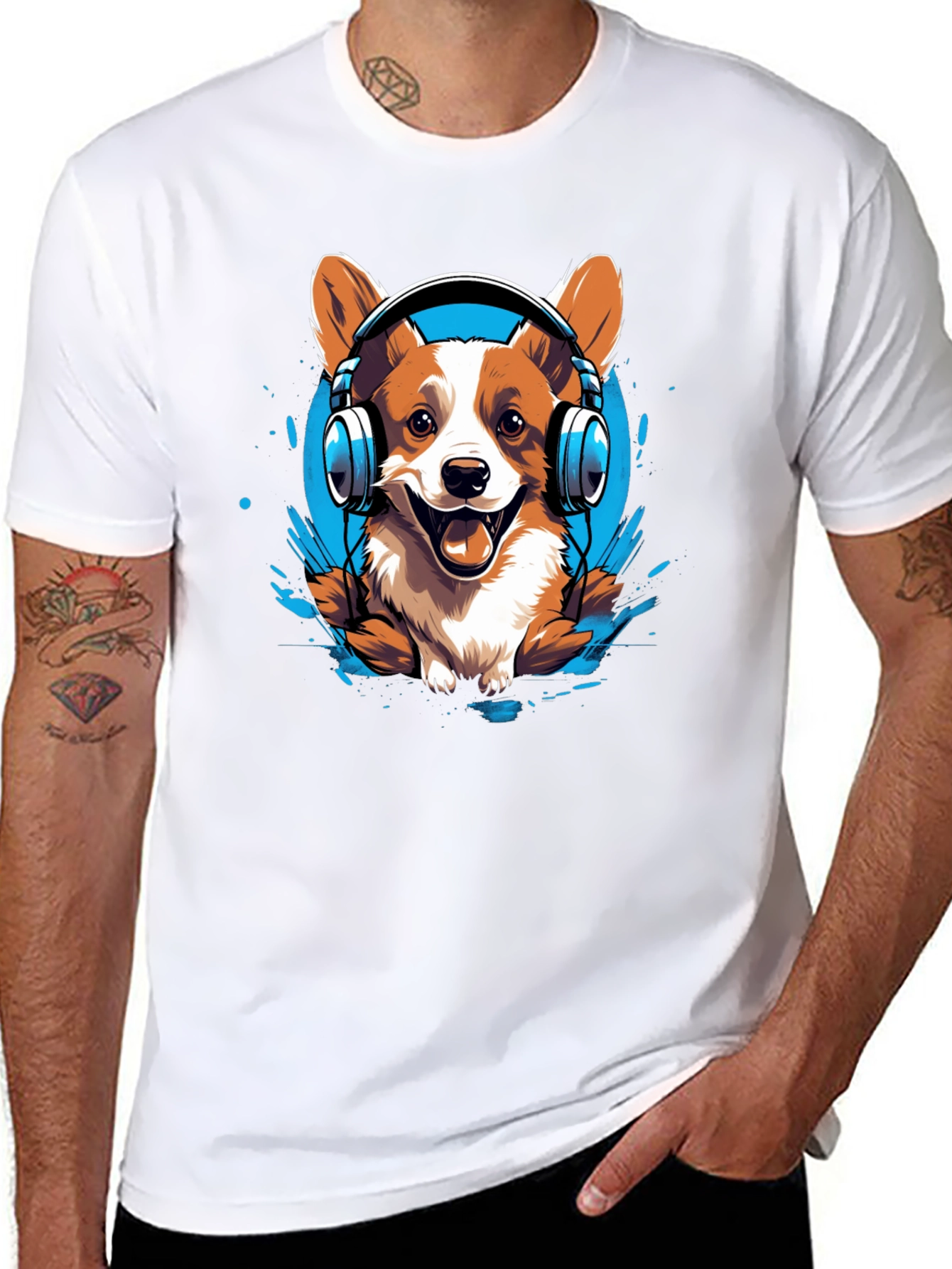 Black Corgi Headphones Graphic Tee view 8