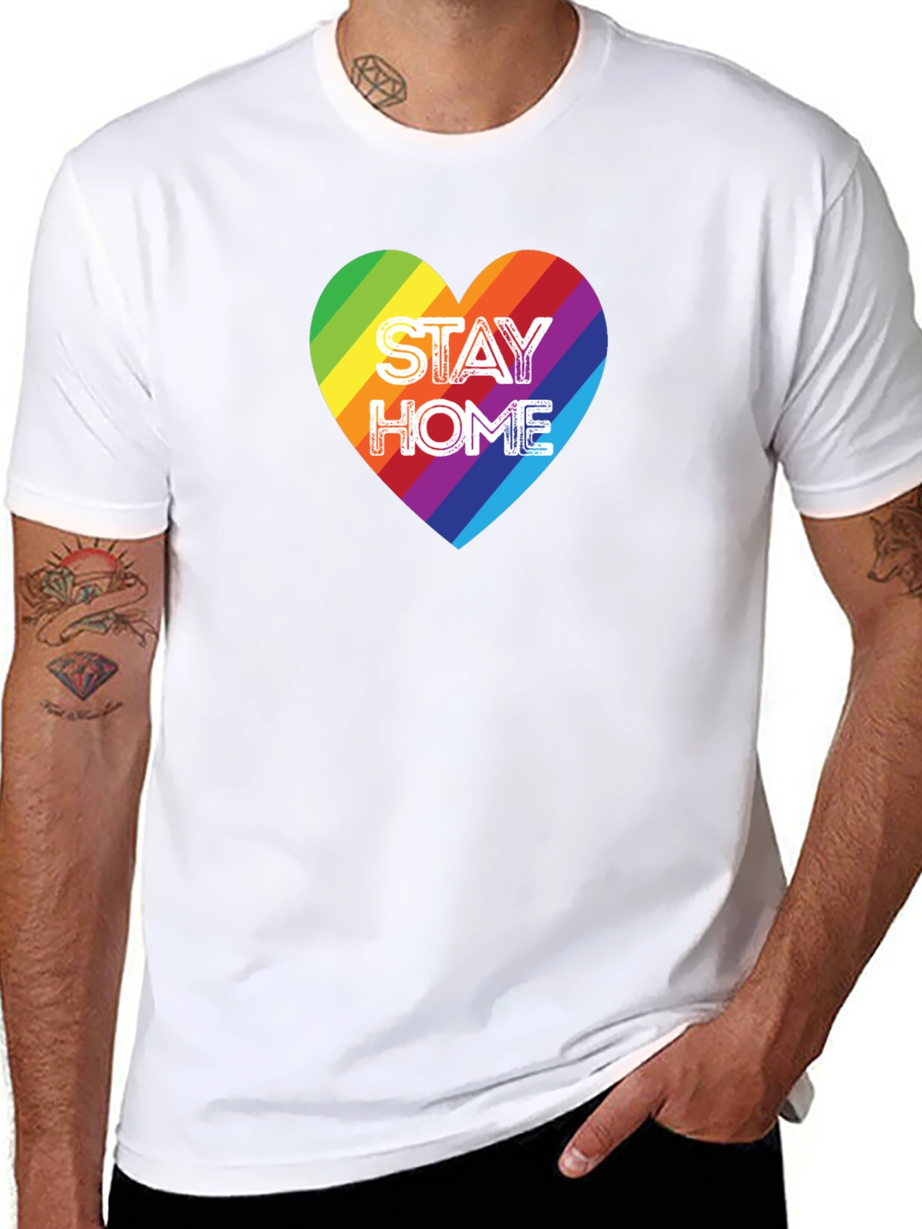 Black Stay Home Rainbow Heart Graphic Tee - Black Cotton T-Shirt view 8