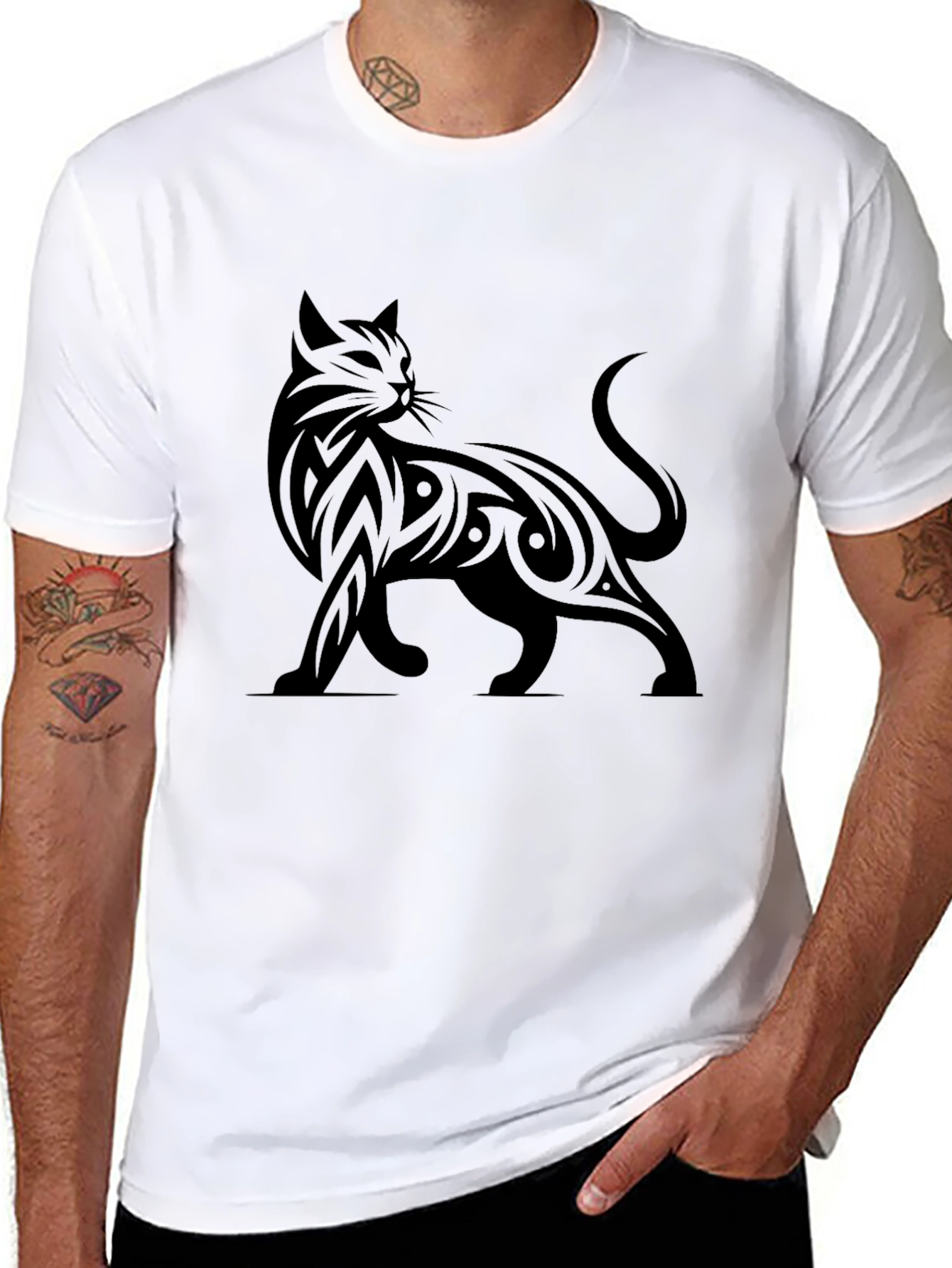 Black Tribal Cat Graphic Print T-Shirt view 8