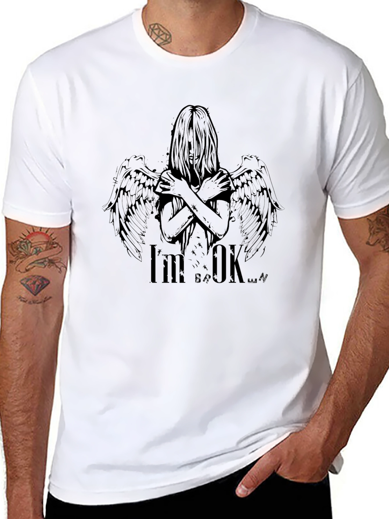 Black I'm OK Broken Wings Graphic Black T-Shirt view 8