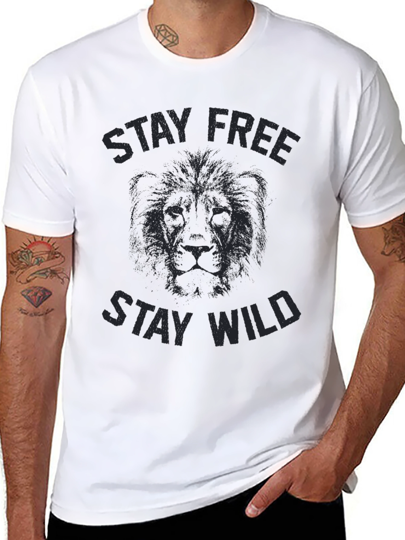 Black Stay Free Stay Wild Graphic Tee - Black Cotton Lion Print view 8