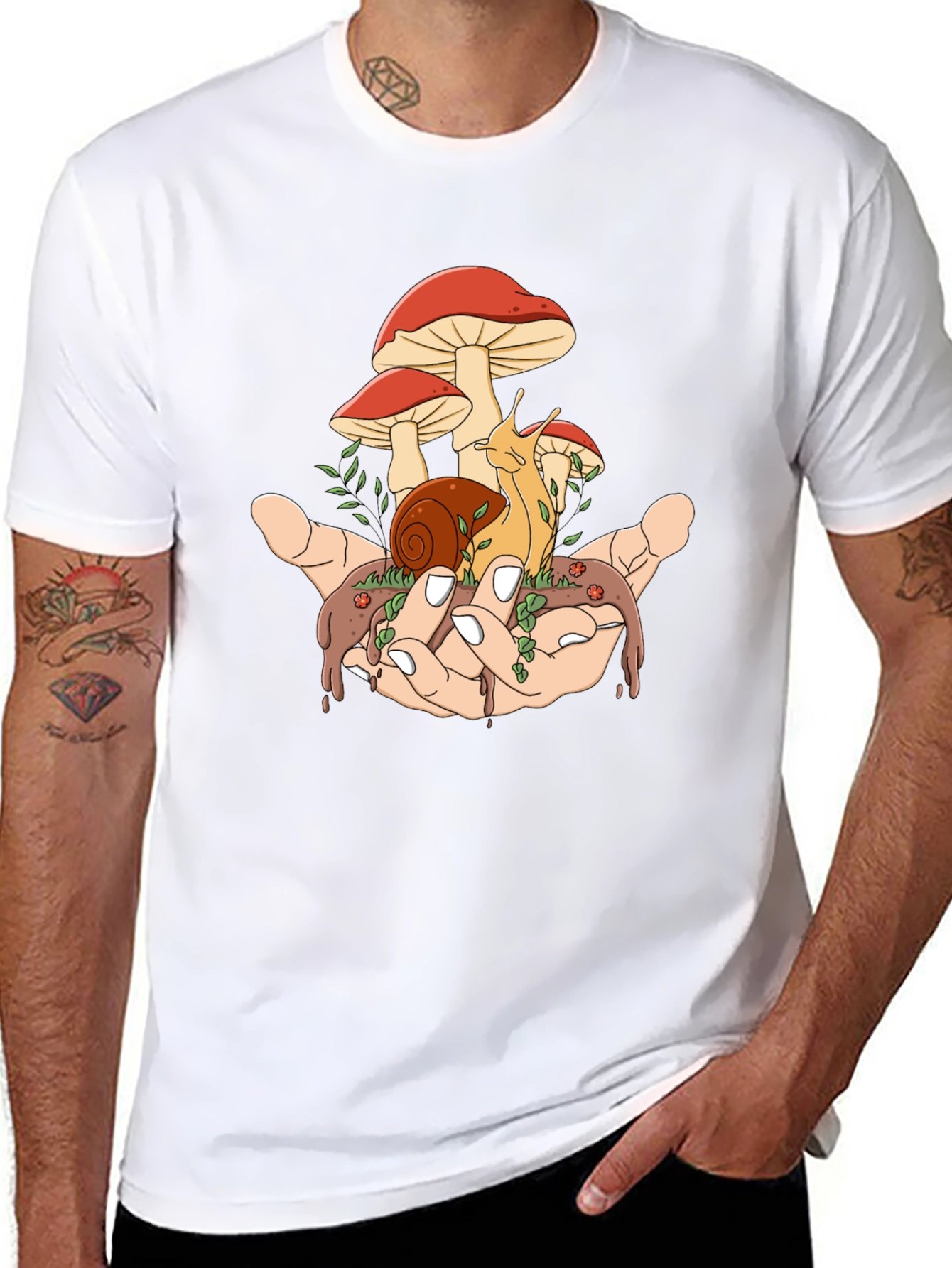 Black Mushroom Snail Hand Graphic T-Shirt view 8