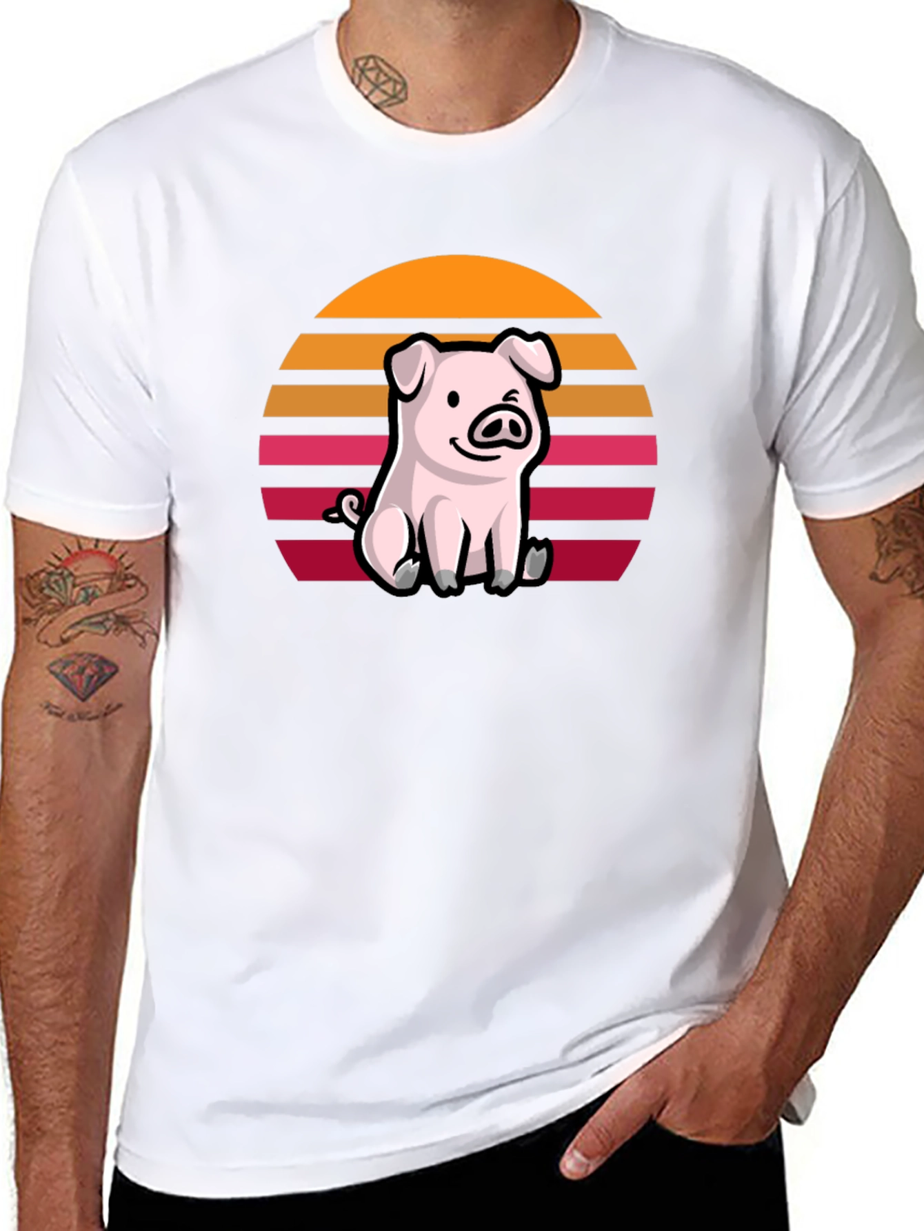 Black Cute Pig Sunset Graphic T-Shirt view 8