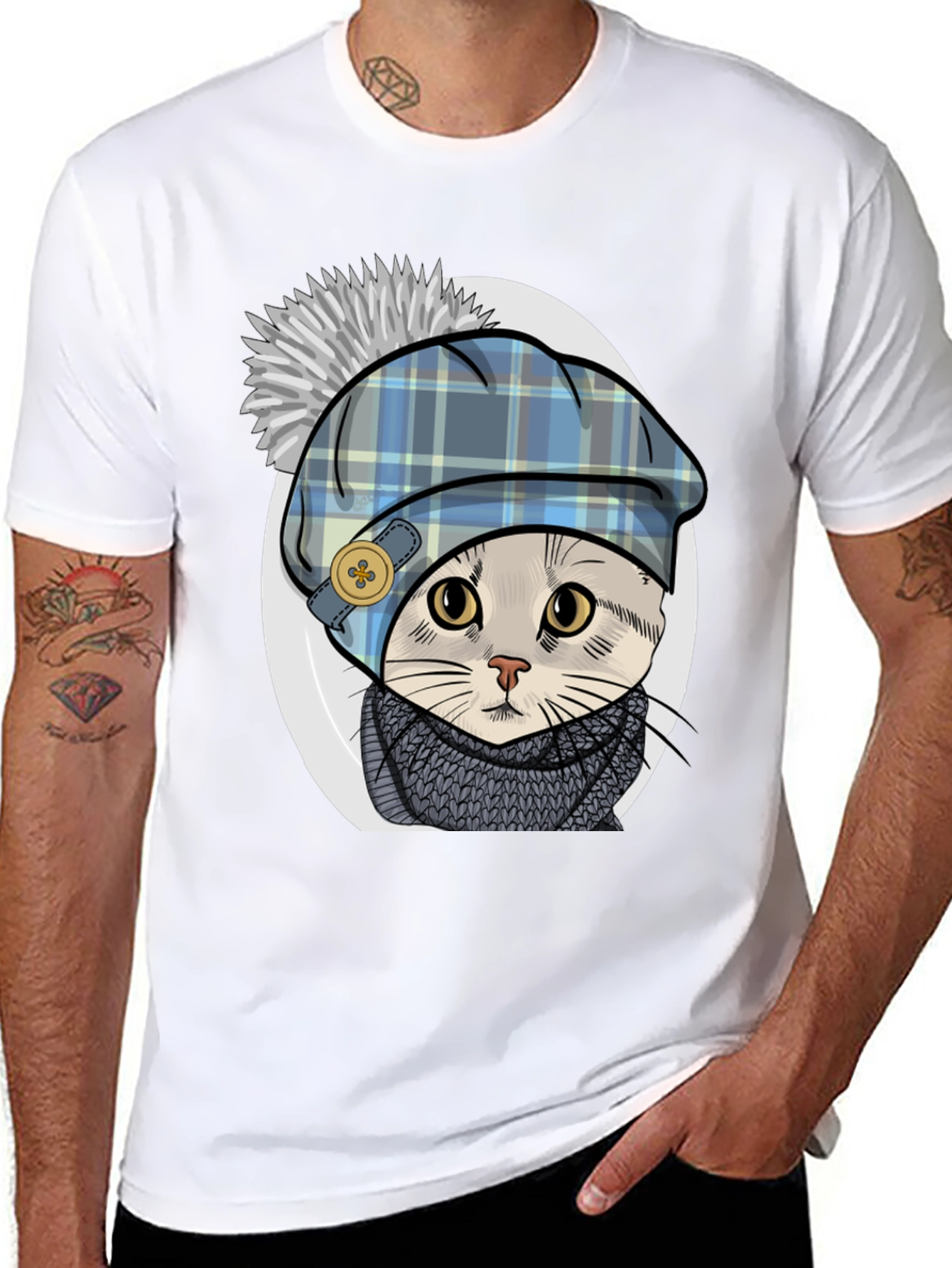 Black Cat in Tartan Hat T-Shirt - Whimsical Comfort view 8