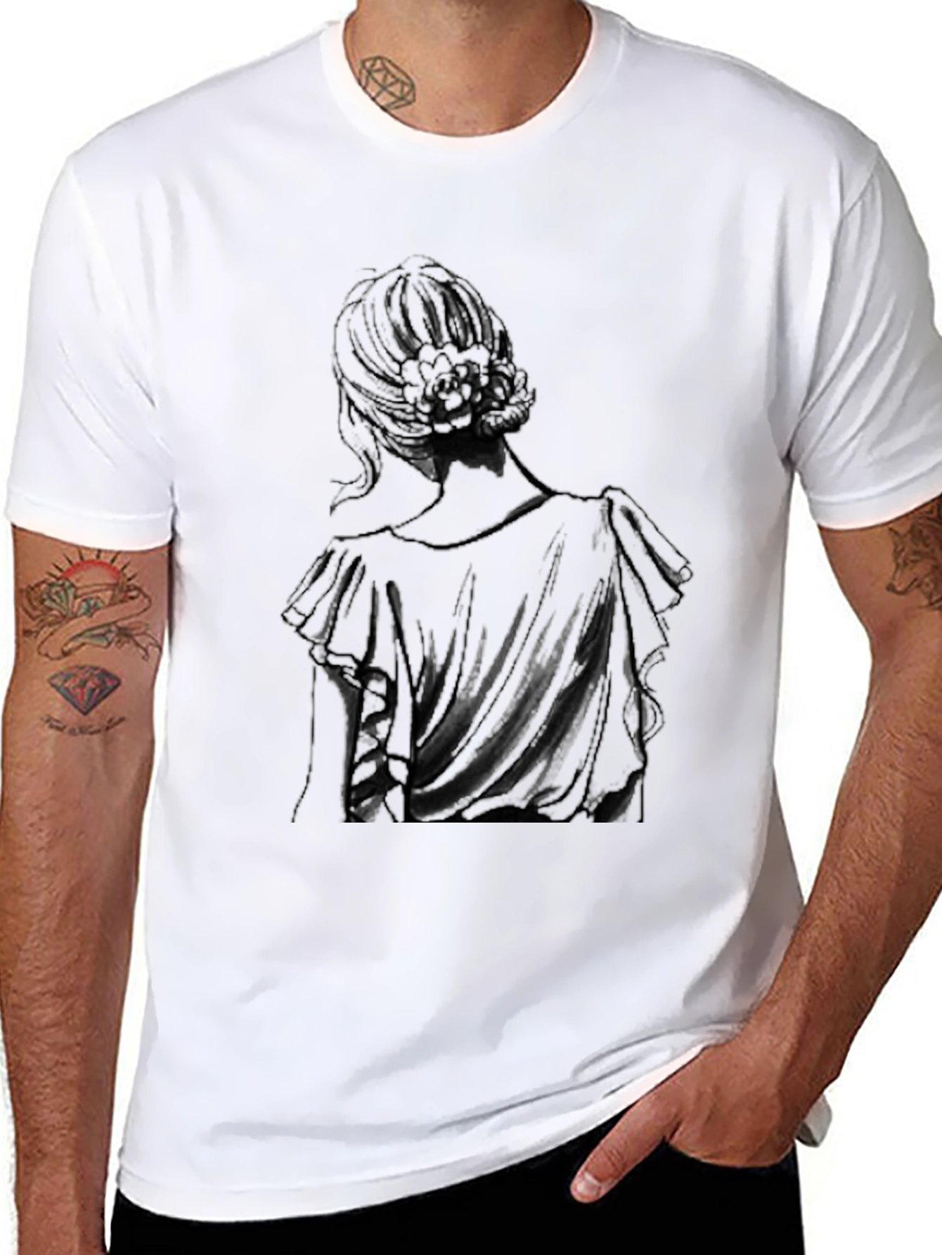 Elegant Woman Back Print Black T-Shirt - 8