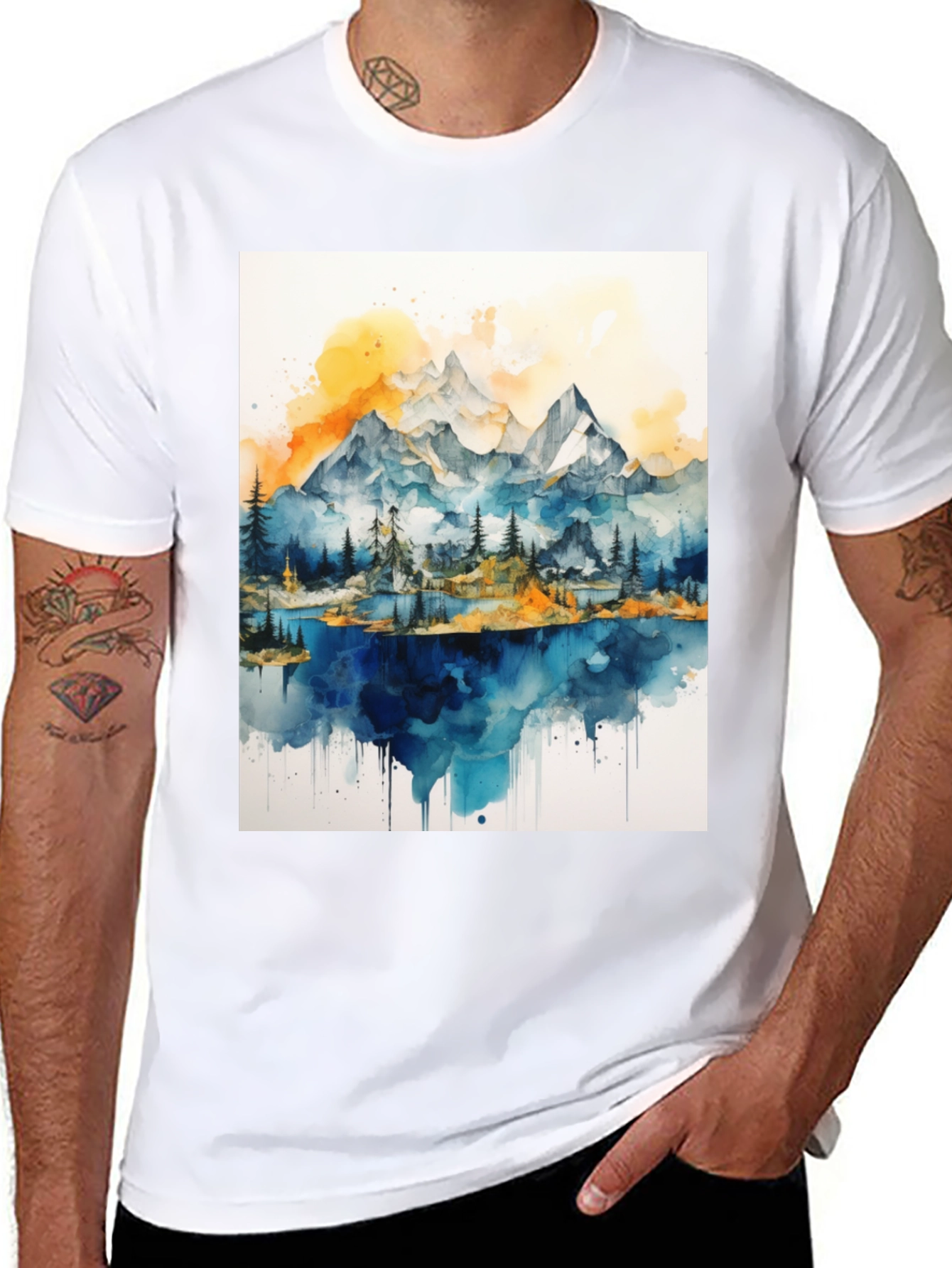 Black Watercolor Mountain Lake Graphic Tee view 8