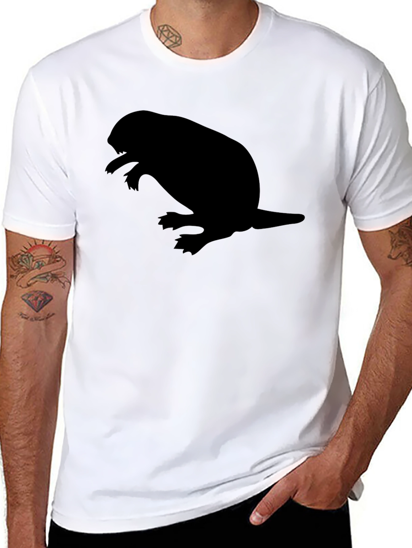 Black Men's Black T-shirt with Beaver Silhouette Graphic view 8