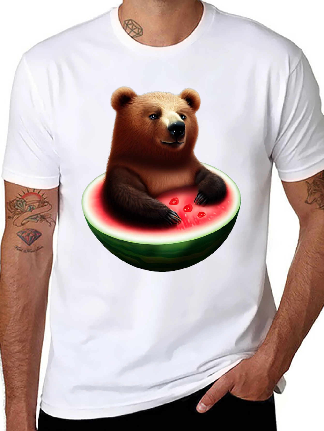 Black Bear in Watermelon Men's Black T-Shirt view 8