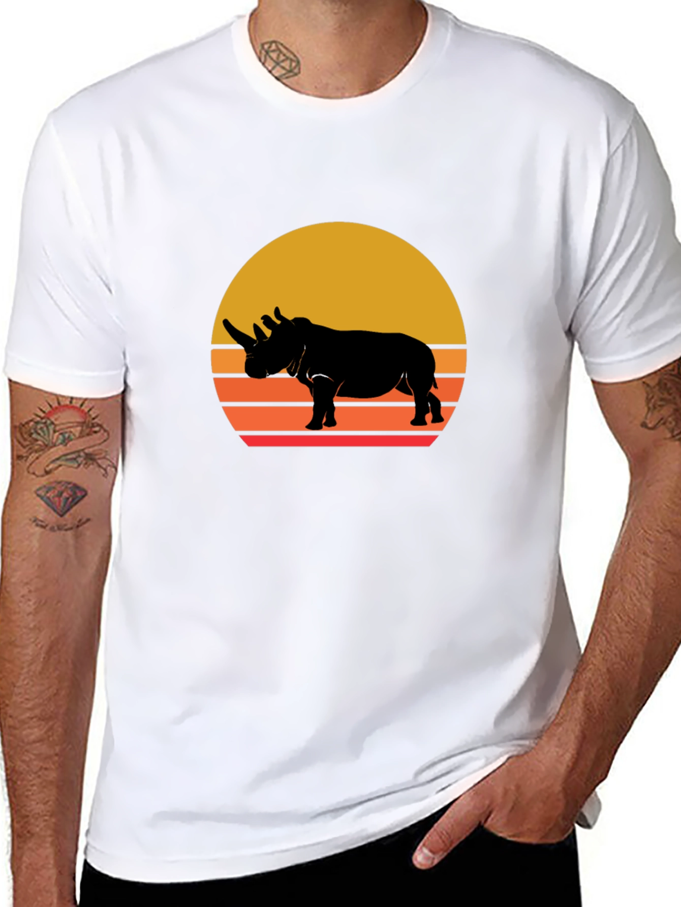 Black Retro Rhino Sunset T-Shirt view 8