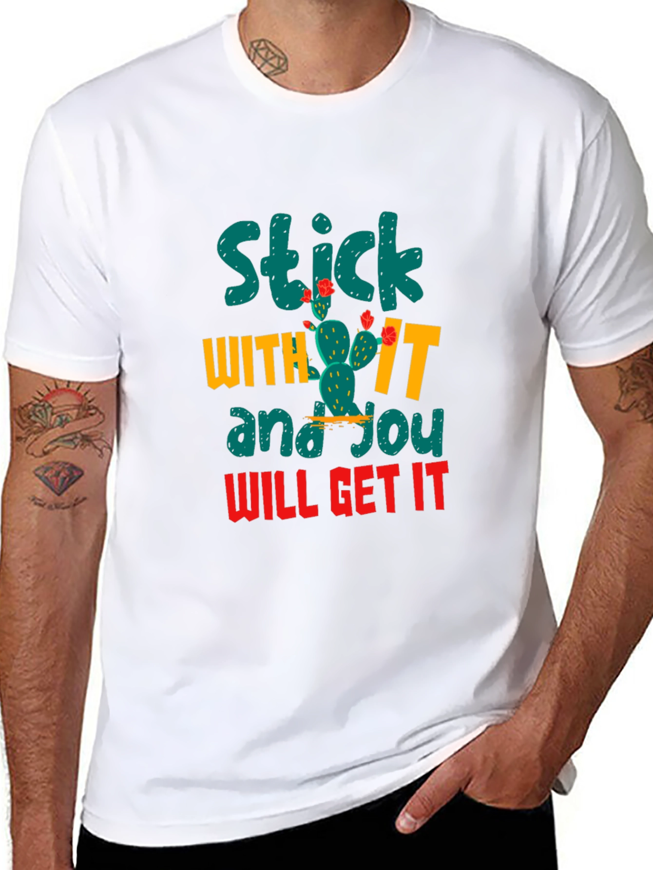 Black Motivational Cactus T-Shirt - Stick With It! view 8