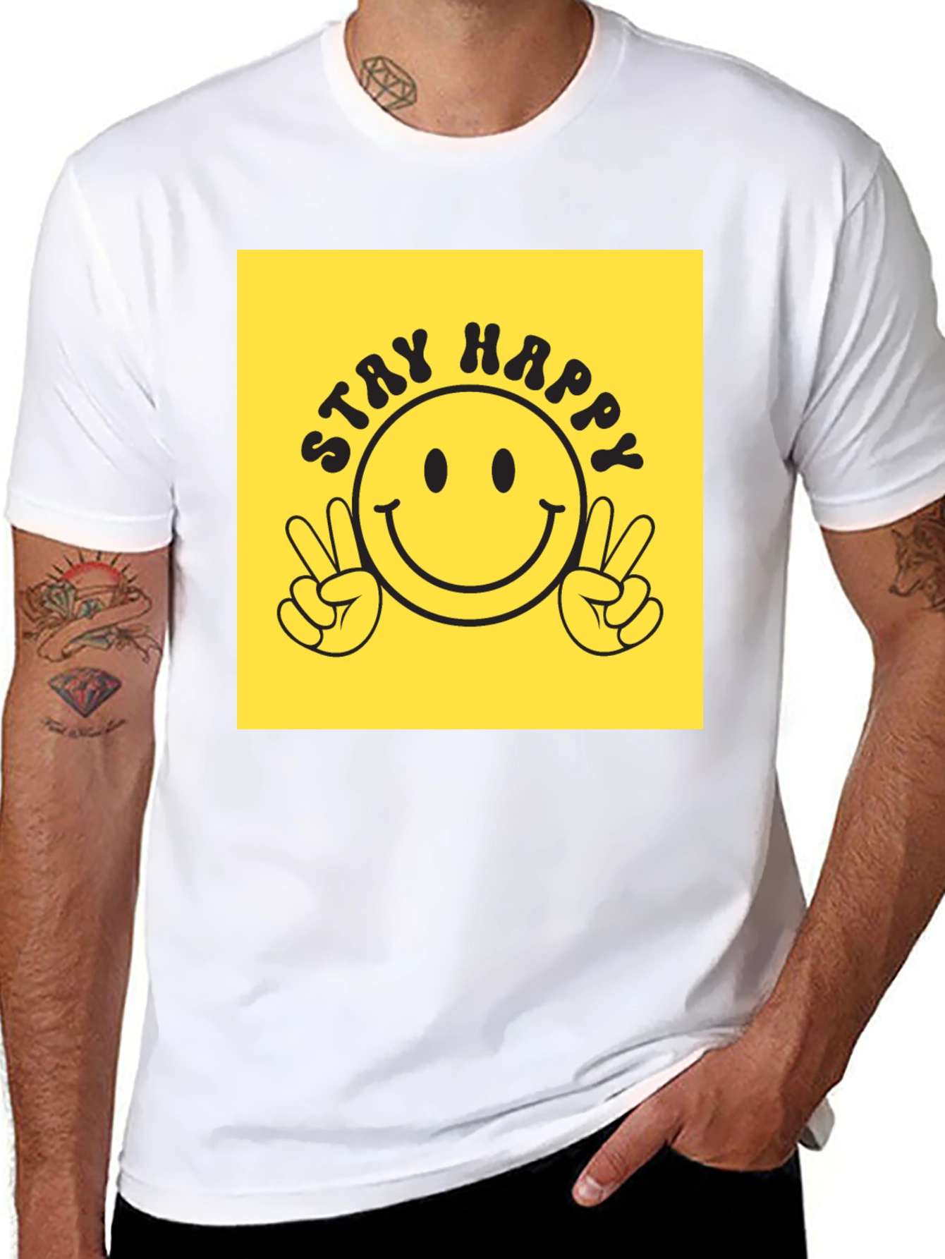 Black Stay Happy Graphic Tee - Retro Smiley Face T-Shirt view 8