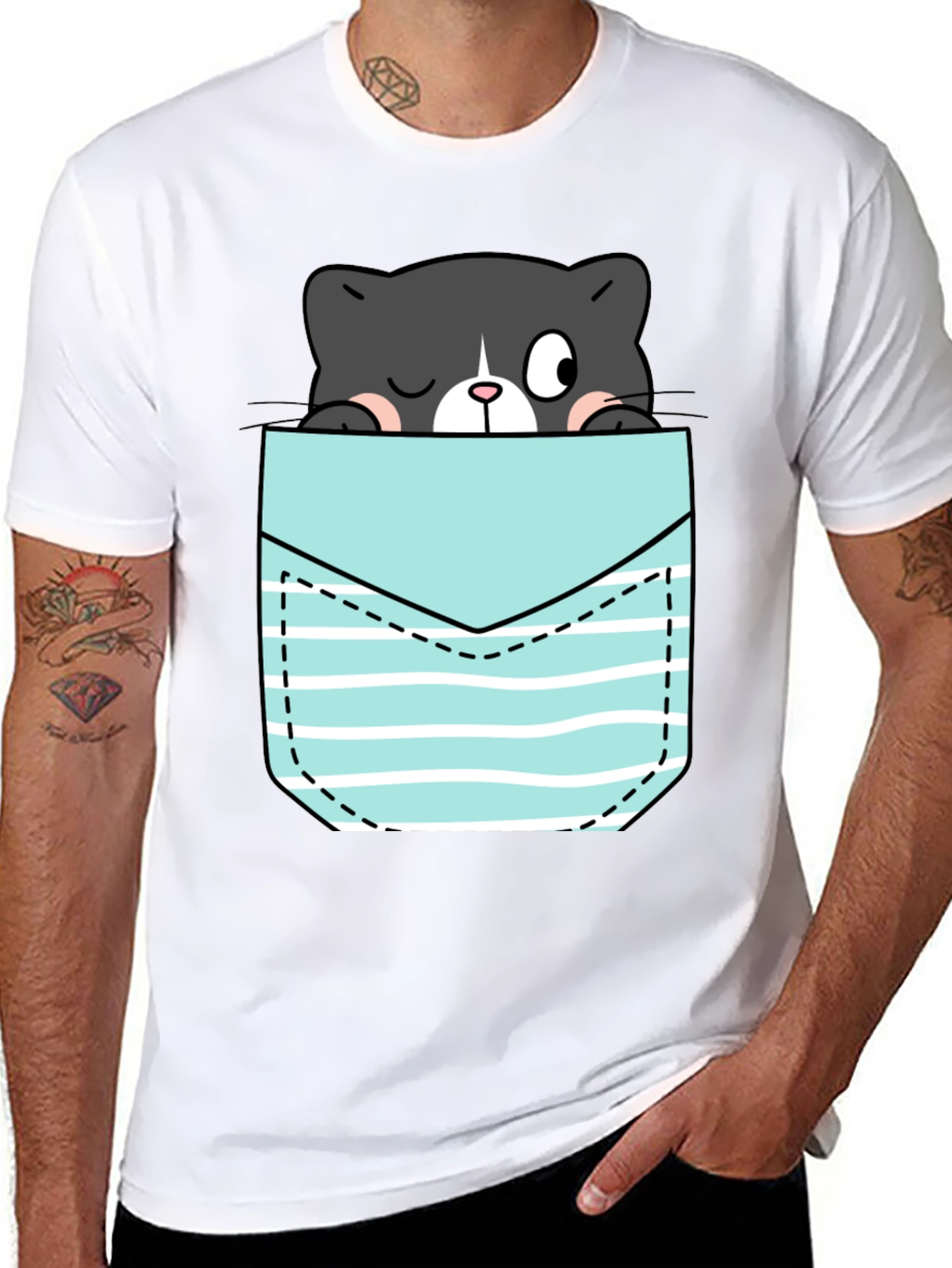Black Black T-Shirt with Peek-a-Boo Cat Pocket Design view 8
