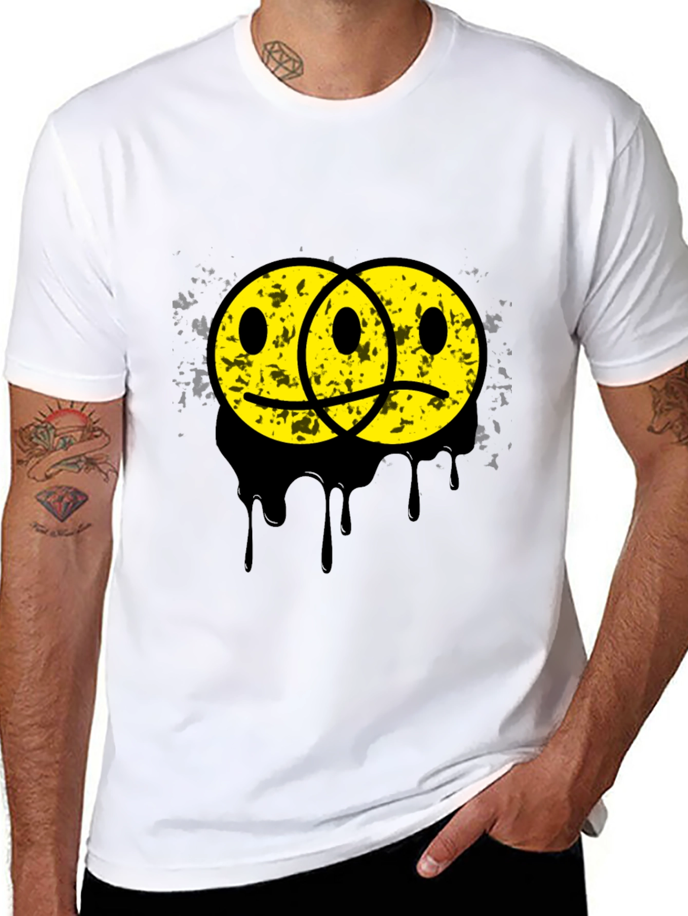 Black Sad Happy Face Graphic Tee - Unisex Black T-Shirt view 8