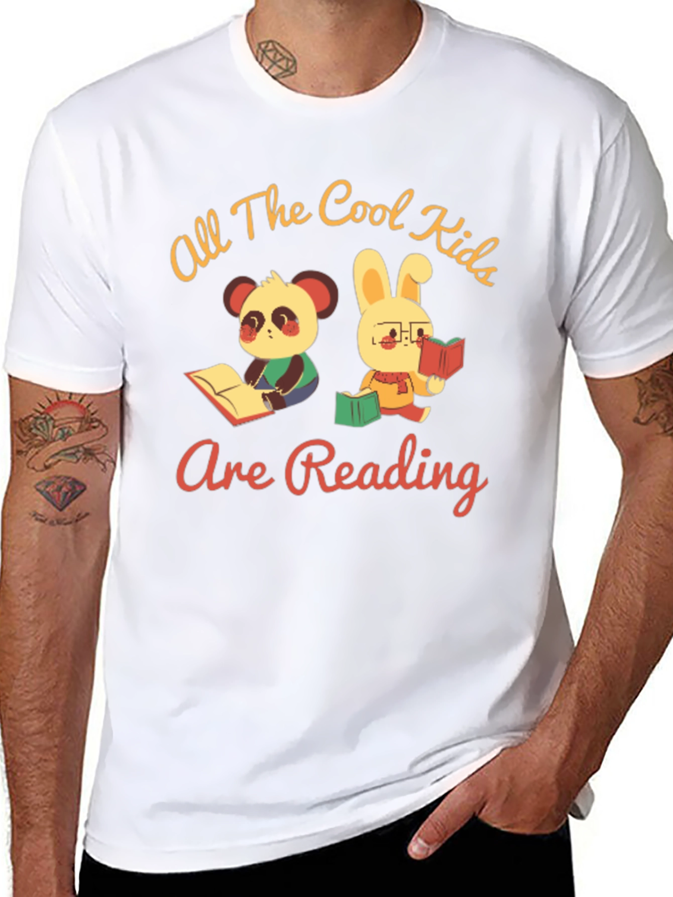 Black Cool Kids Reading T-Shirt: Panda & Bunny view 8