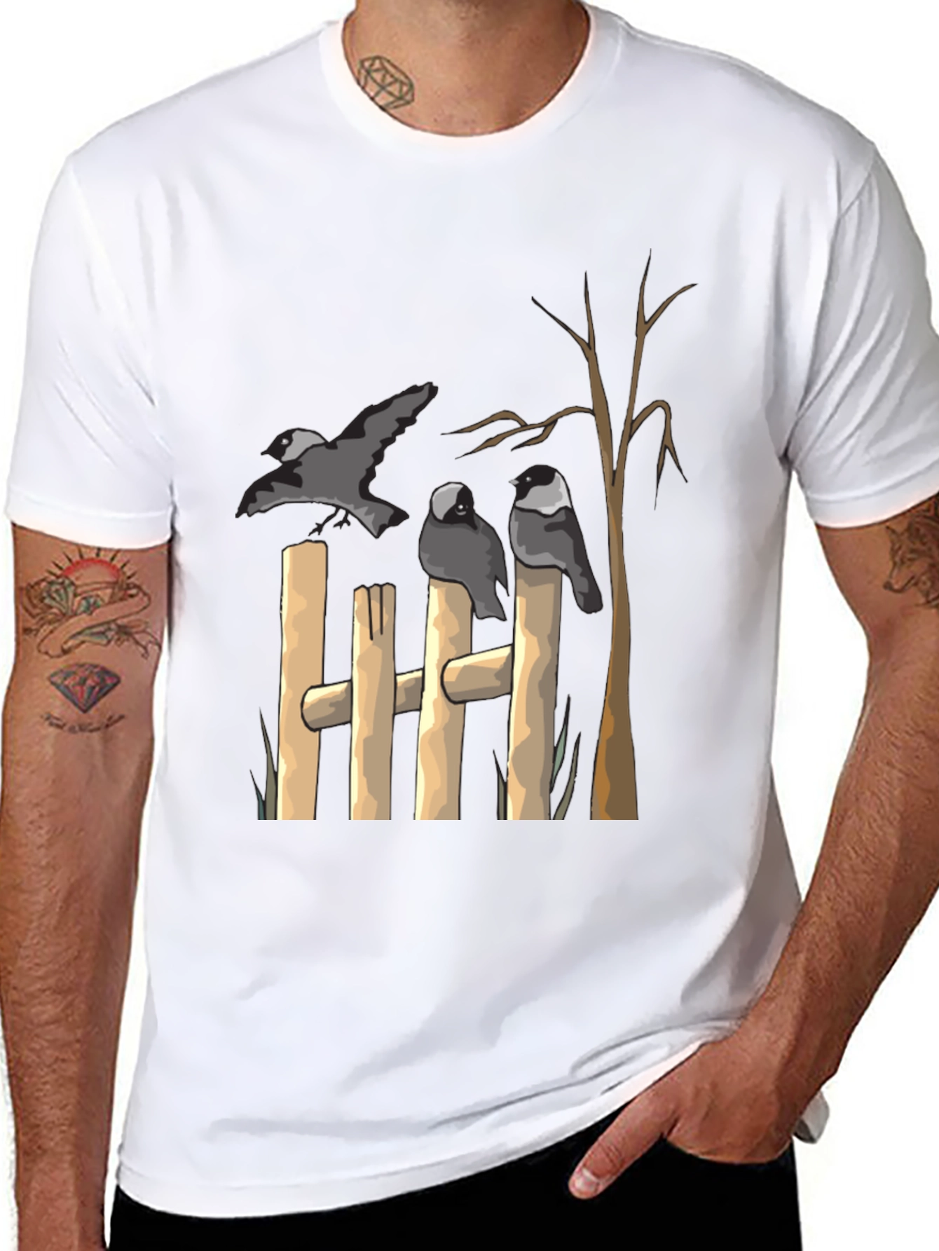 Black Birds on Fence Graphic Black T-Shirt view 8