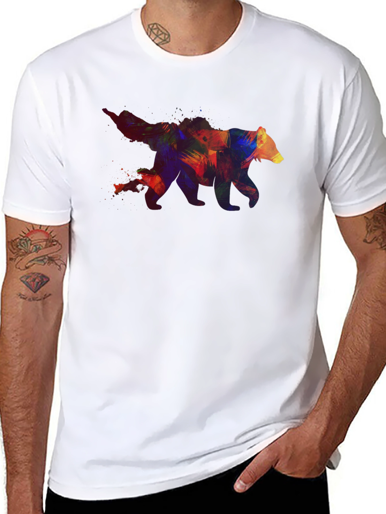 Black Colorful Bear Graphic Men's Black T-Shirt view 8