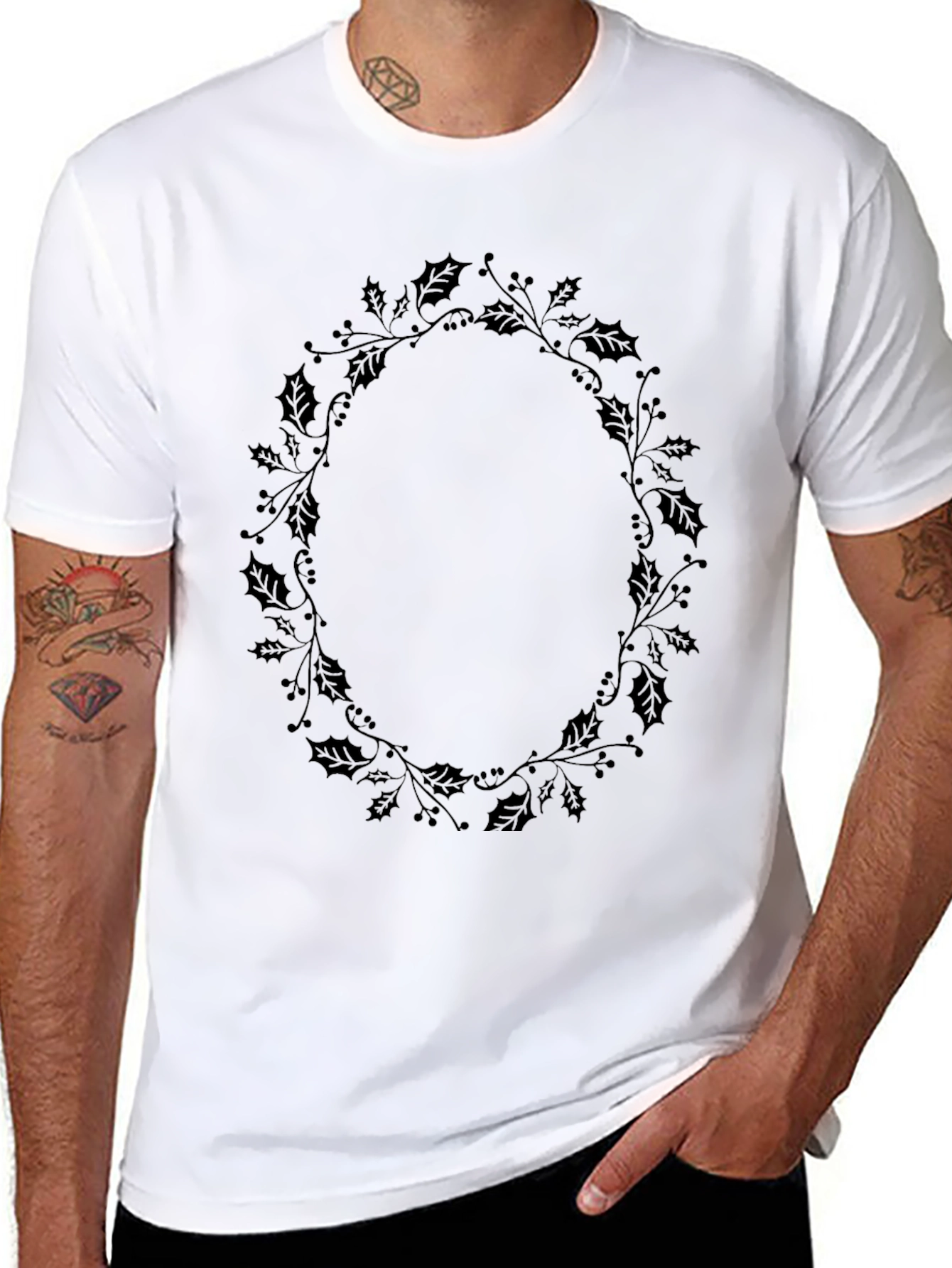Black Men's Black Holly Wreath Graphic Tee view 8