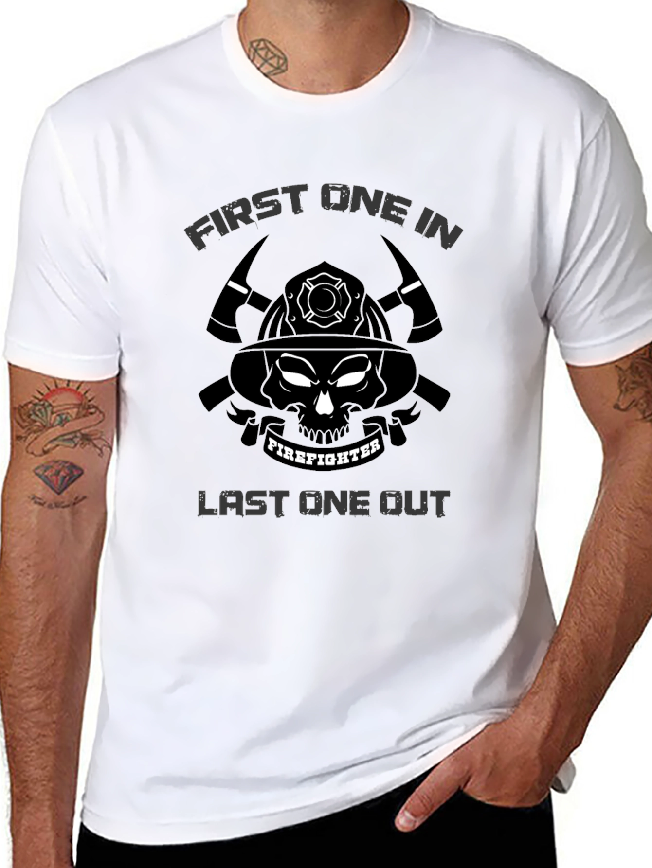 Black Firefighter Skull Graphic Tee - First In Last Out Black T-Shirt view 8