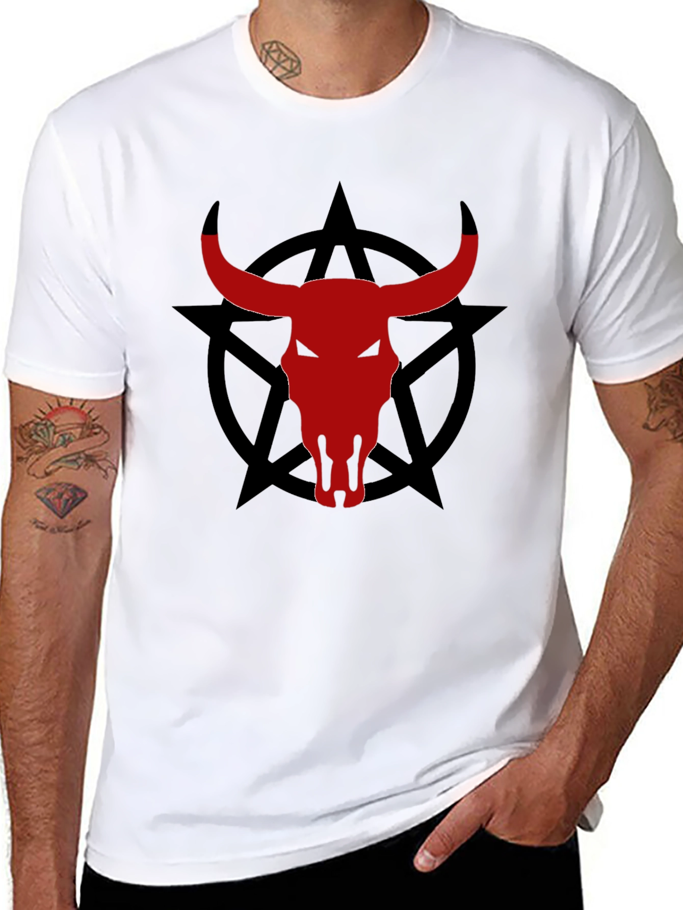 Black Bull Skull Pentagram Graphic Tee view 8