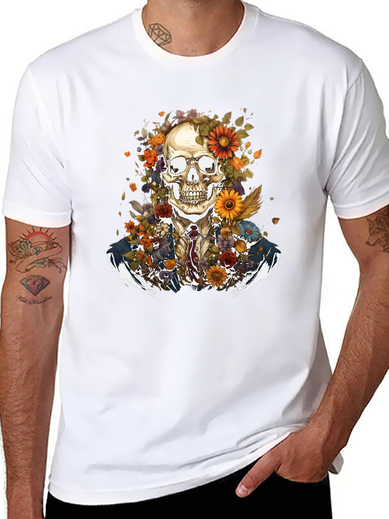 Black Floral Skull Graphic Tee - Stylish Menswear view 8