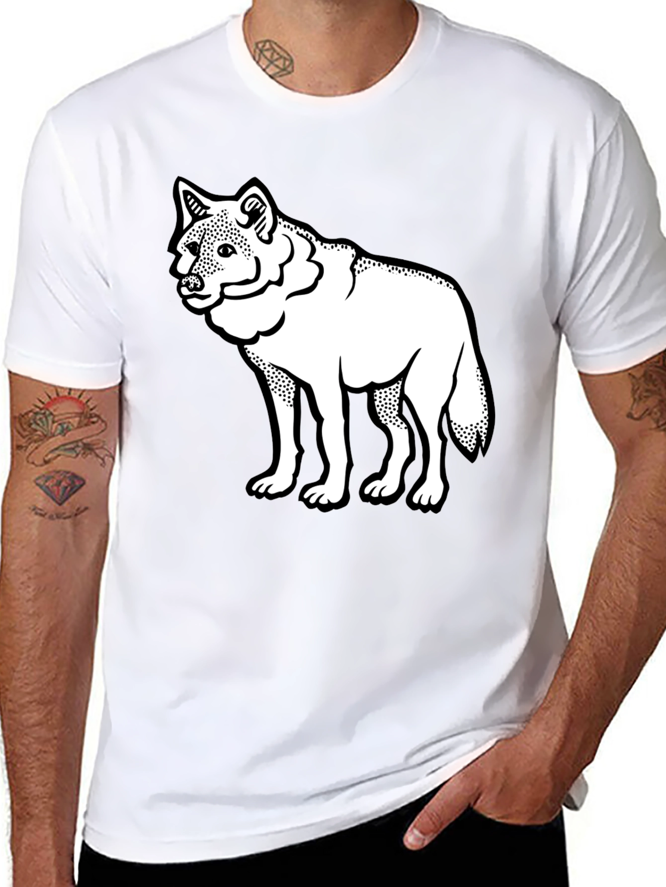 Black Black T-Shirt with White Wolf Graphic Print view 8