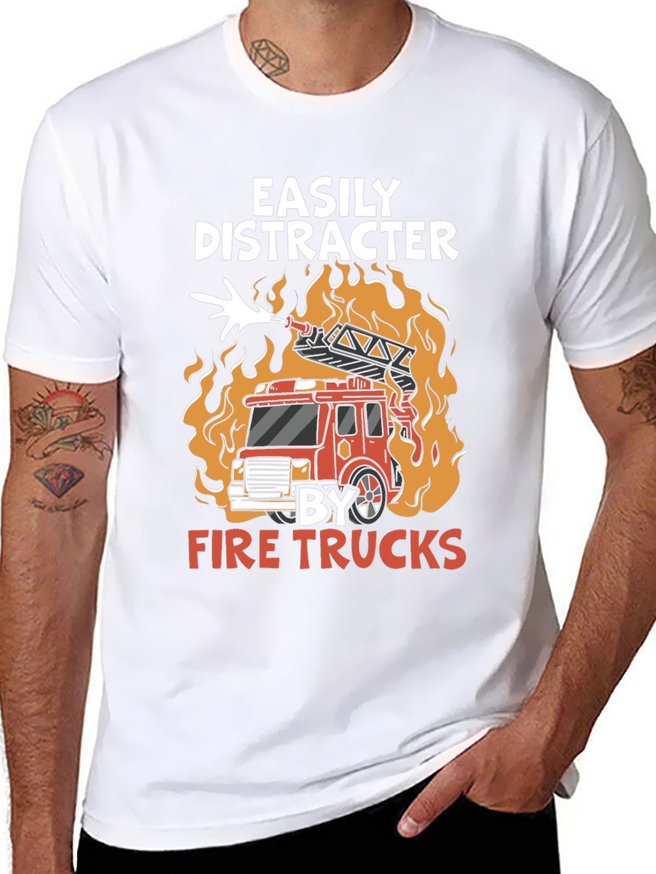 Black Easily Distracted By Fire Trucks T-Shirt view 8