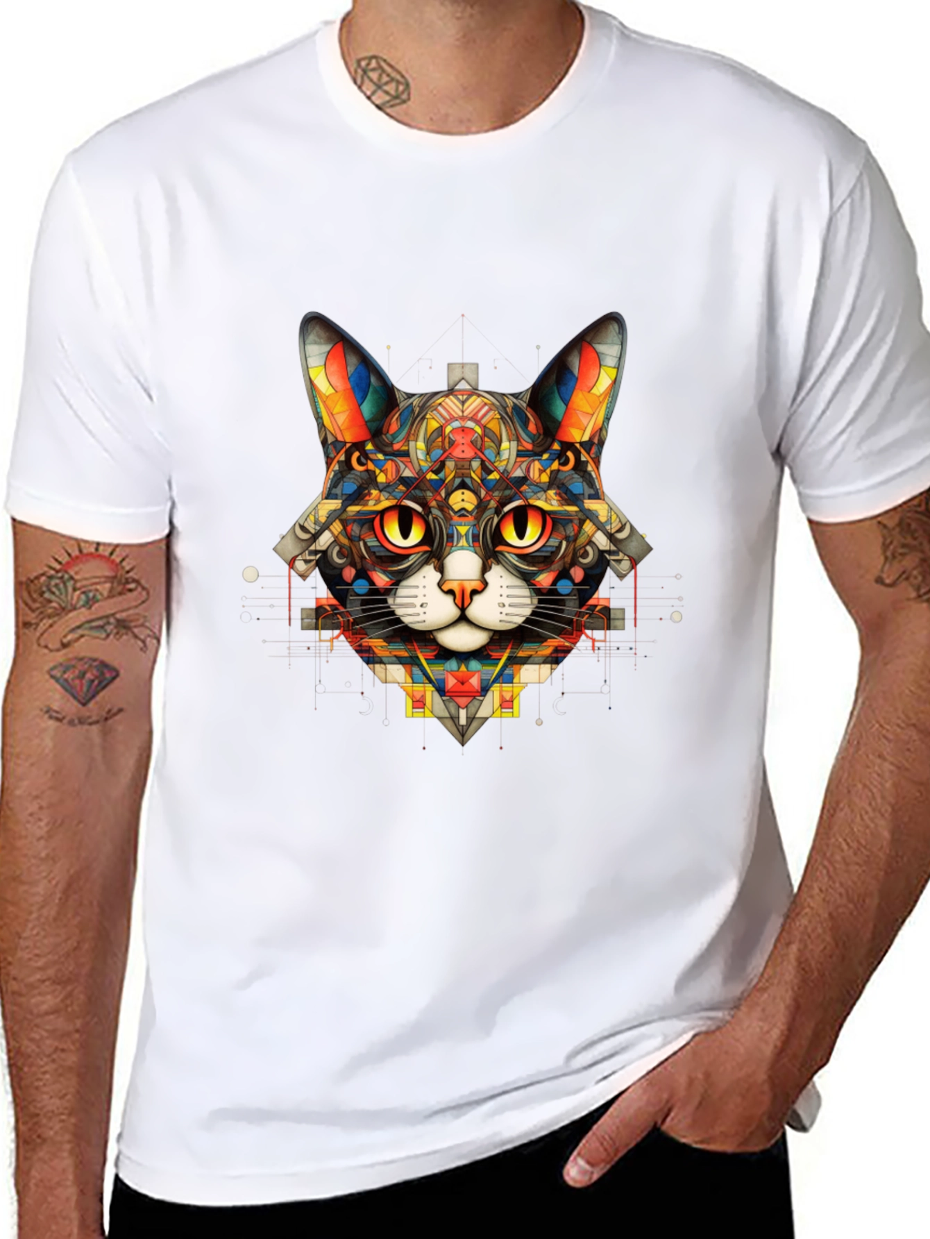 Black Geometric Cat T-Shirt - Unique Art Design view 8