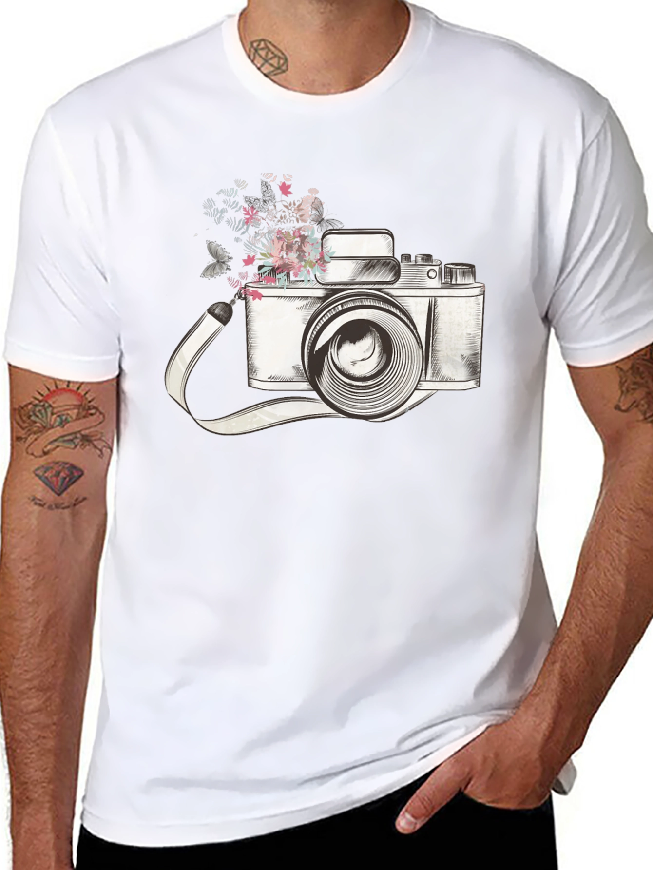 Black Floral Camera Graphic Tee - Trendy Unisex T-Shirt view 8