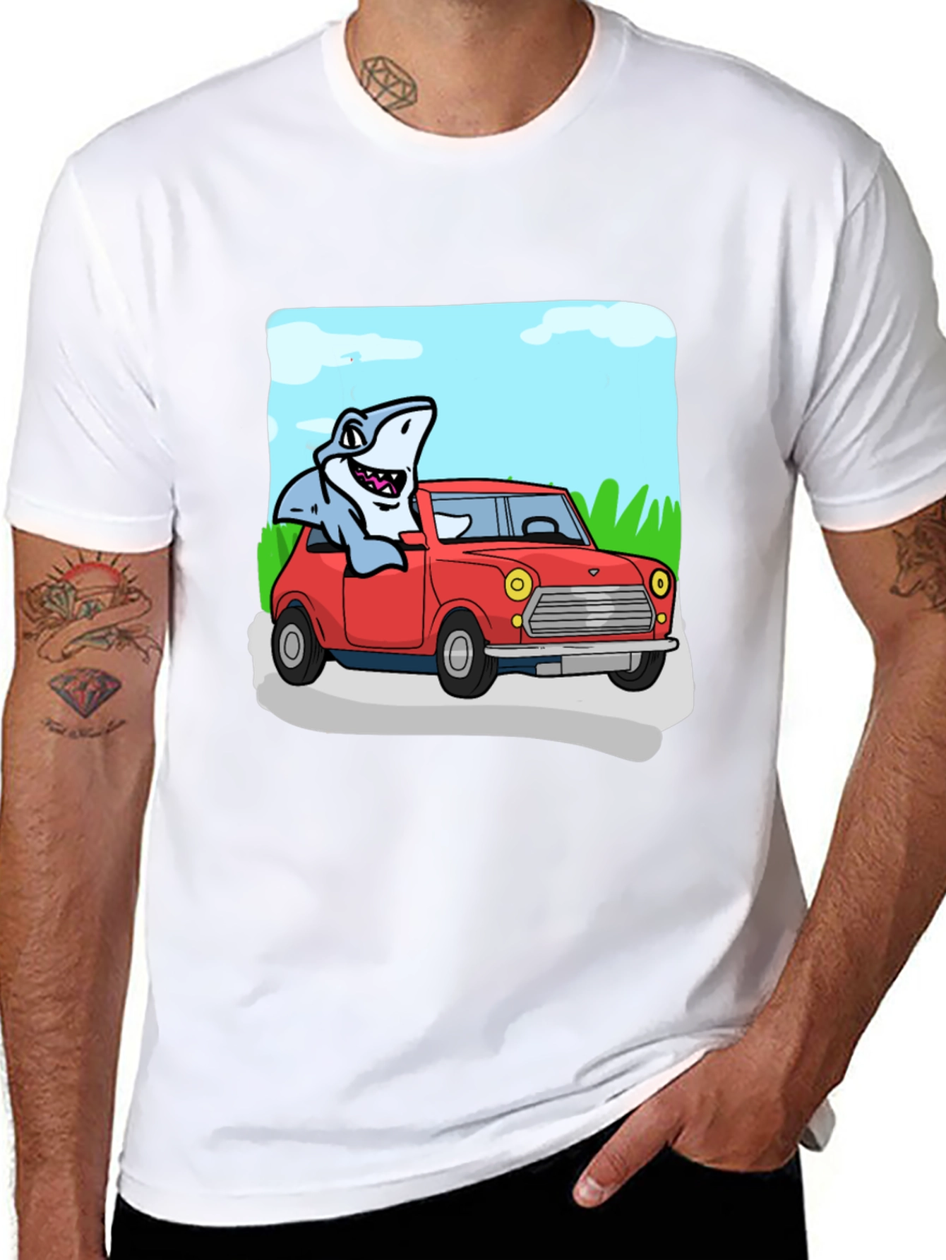 Black Shark in Car Graphic Tee - Unique Cartoon T-Shirt view 8