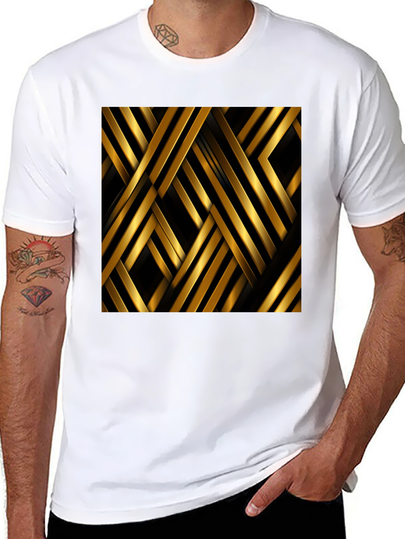 Black Geometric Gold Stripes T-Shirt view 8