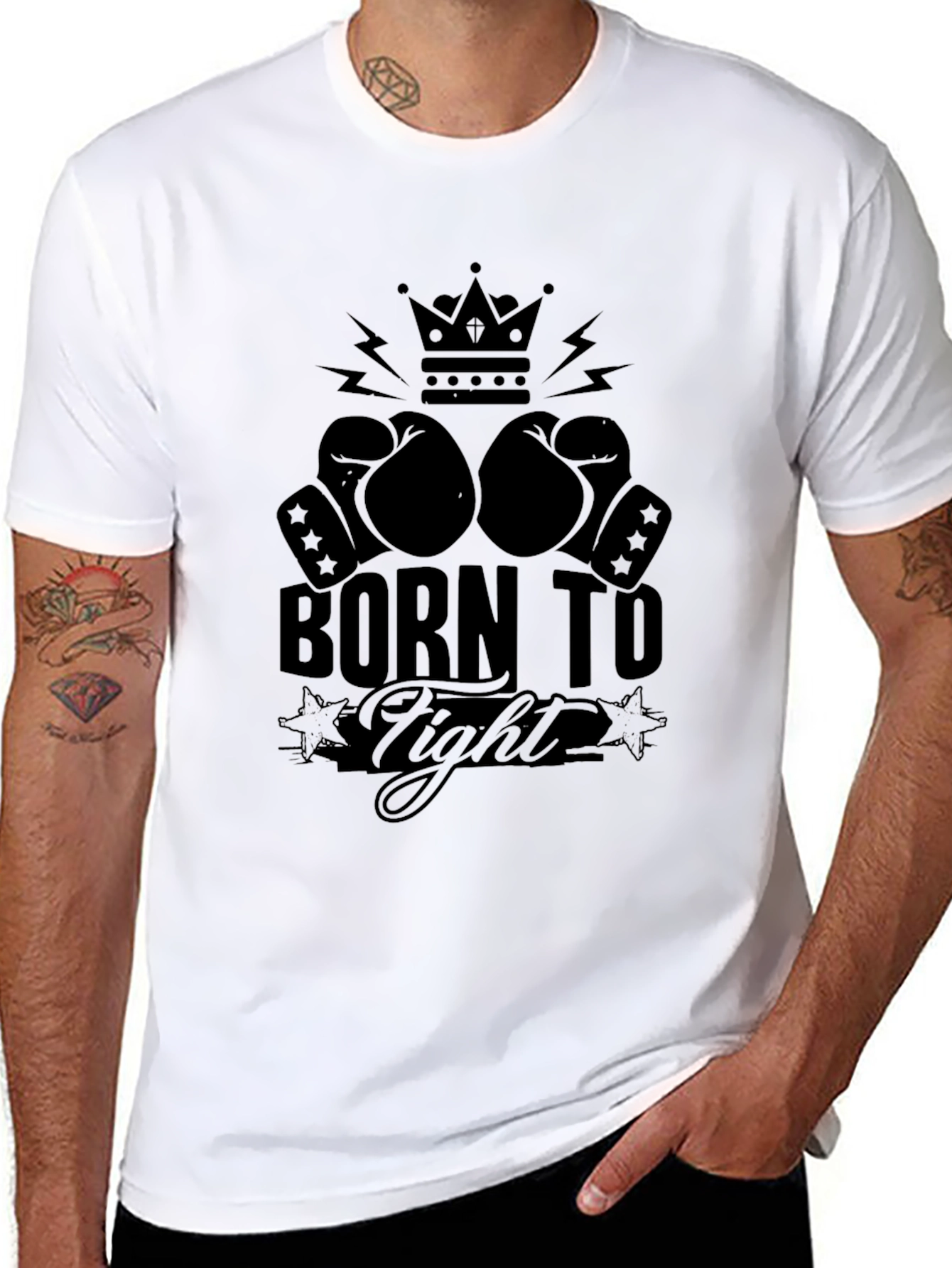 Black Born To Fight T-Shirt, Boxing Gloves Crown Graphic Tee view 8
