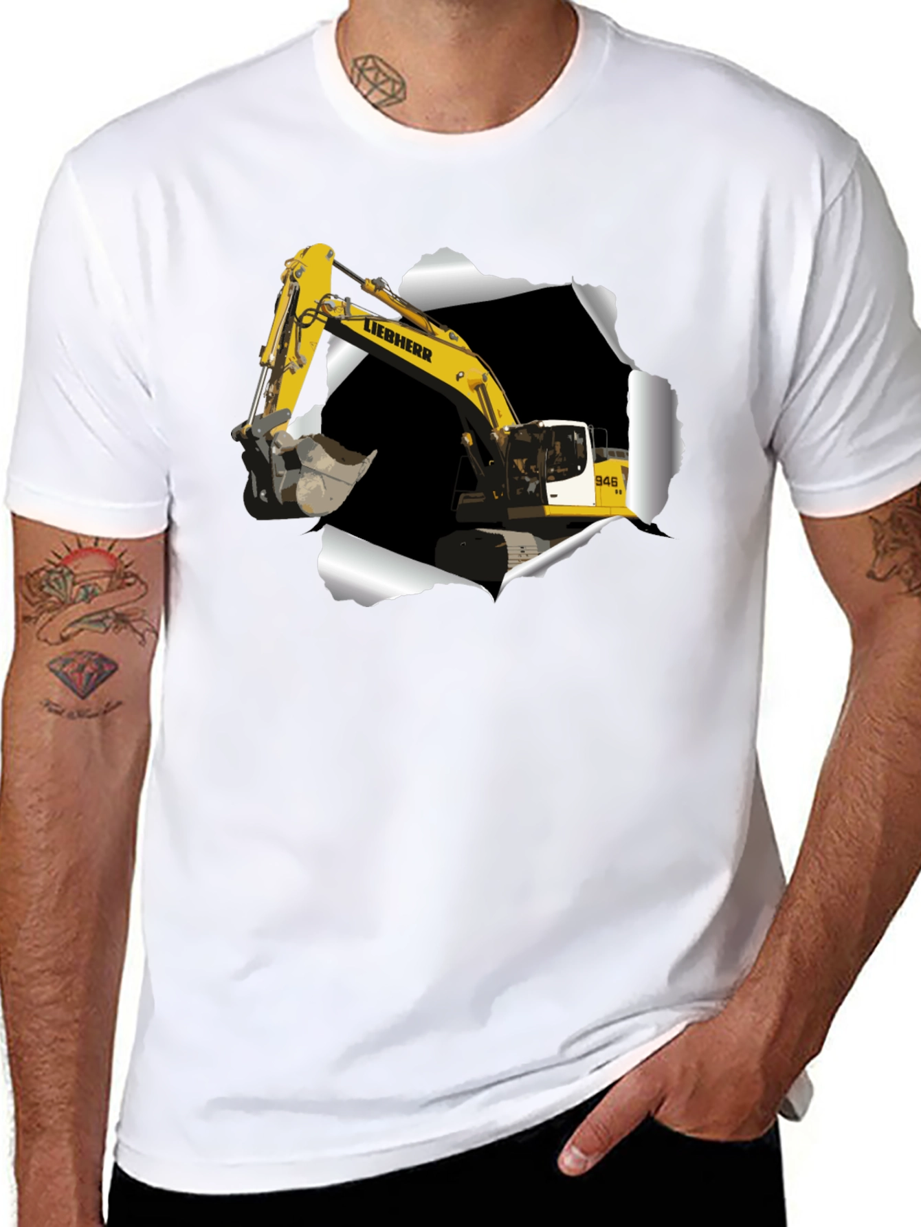 Black Excavator Ripped Tee - Construction Vehicle Graphic T-Shirt view 8