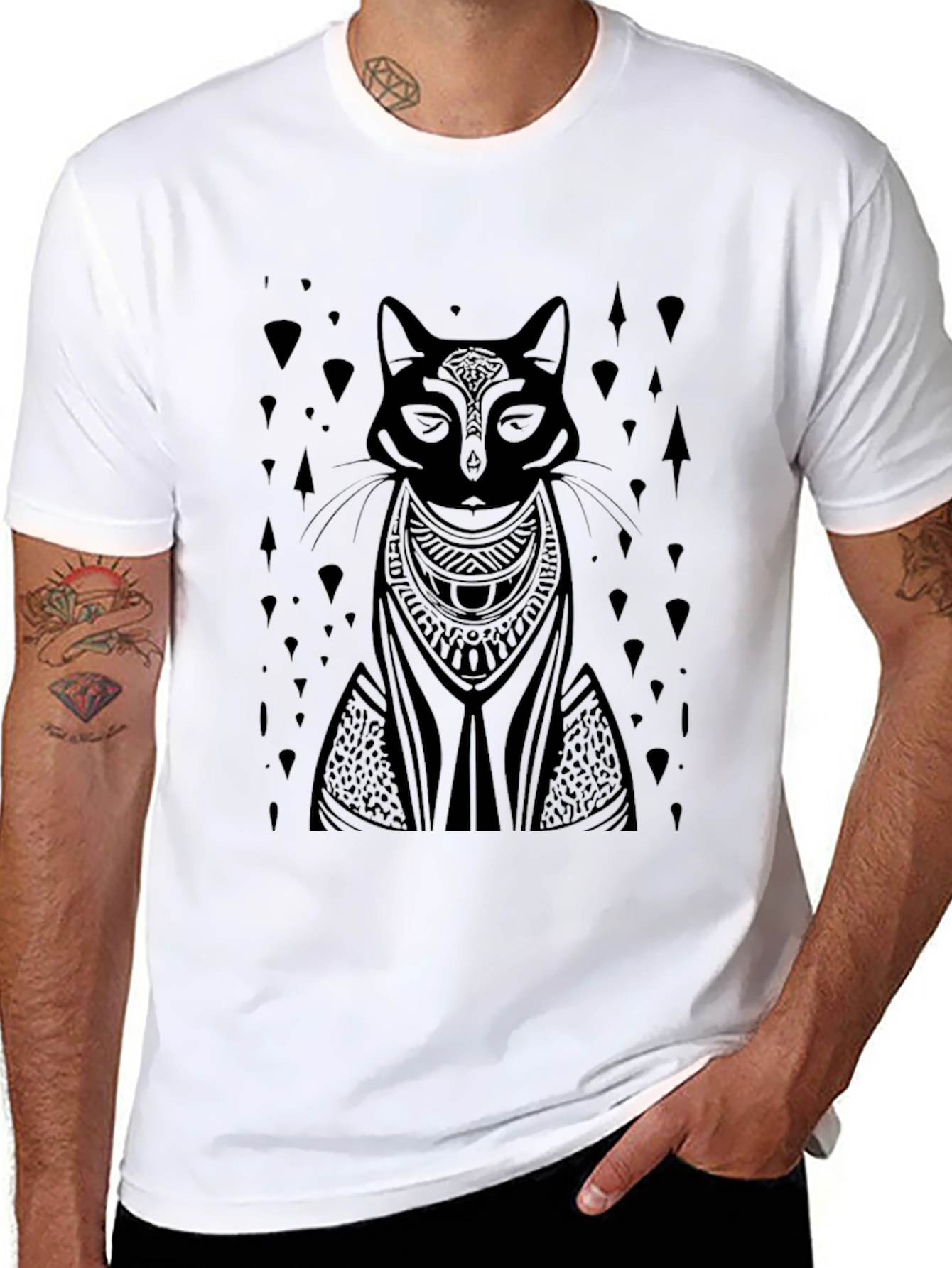 Black Tribal Cat Graphic Tee - Black Cotton T-Shirt view 8