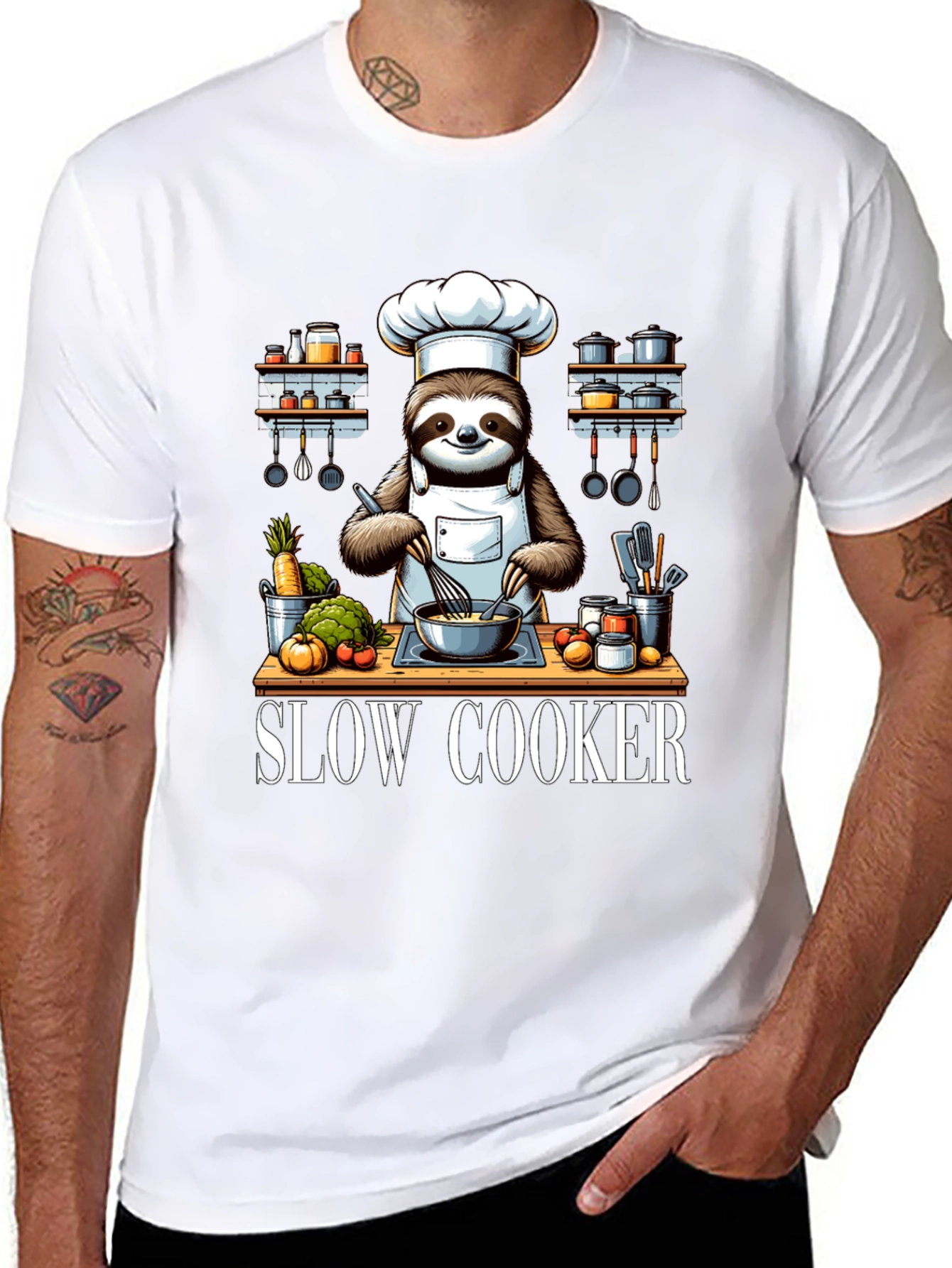 Black Sloth Chef T-Shirt - Slow Cooker Design view 8