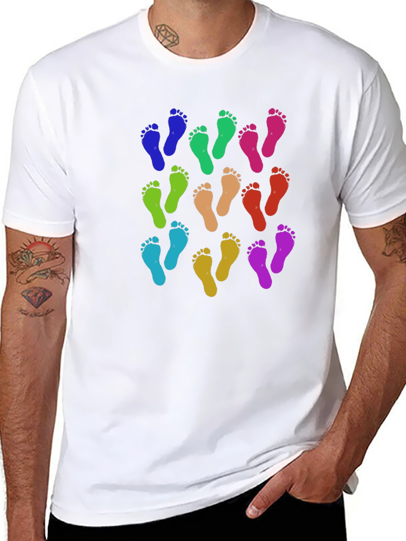 Black Colorful Footprints Tee - Funky Pattern Black T-Shirt view 8