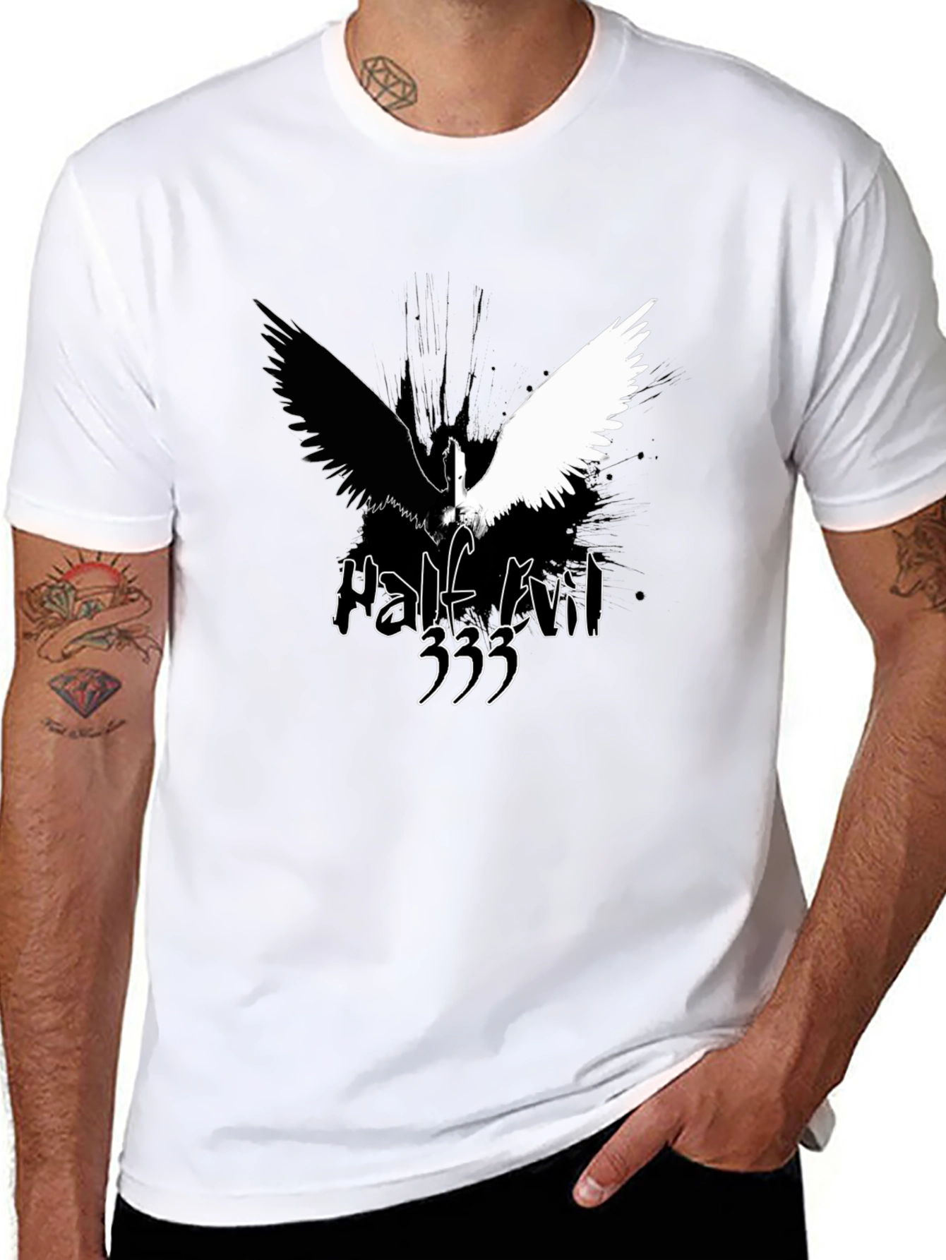 Black Half Evil Angel Wings Black T-Shirt view 8