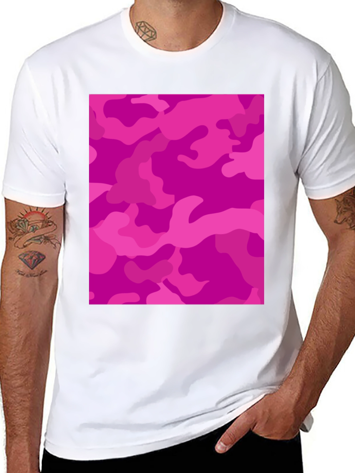 Black Pink Camo Print Black Crew Neck T-Shirt view 8