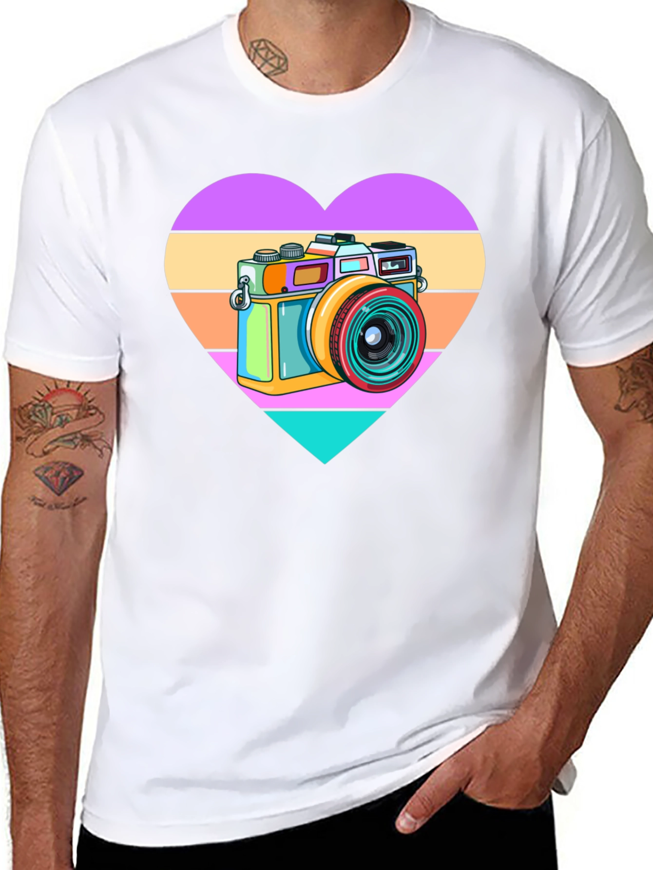 Black Retro Camera Heart Graphic Tee - Black Cotton T-Shirt view 8
