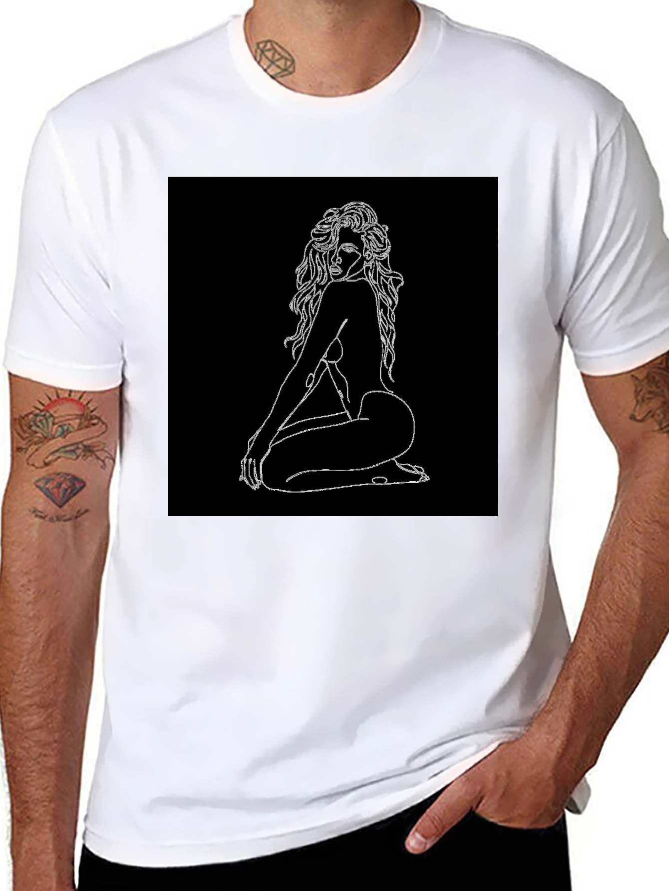 Black Black T-Shirt with Line Art Woman Graphic view 8