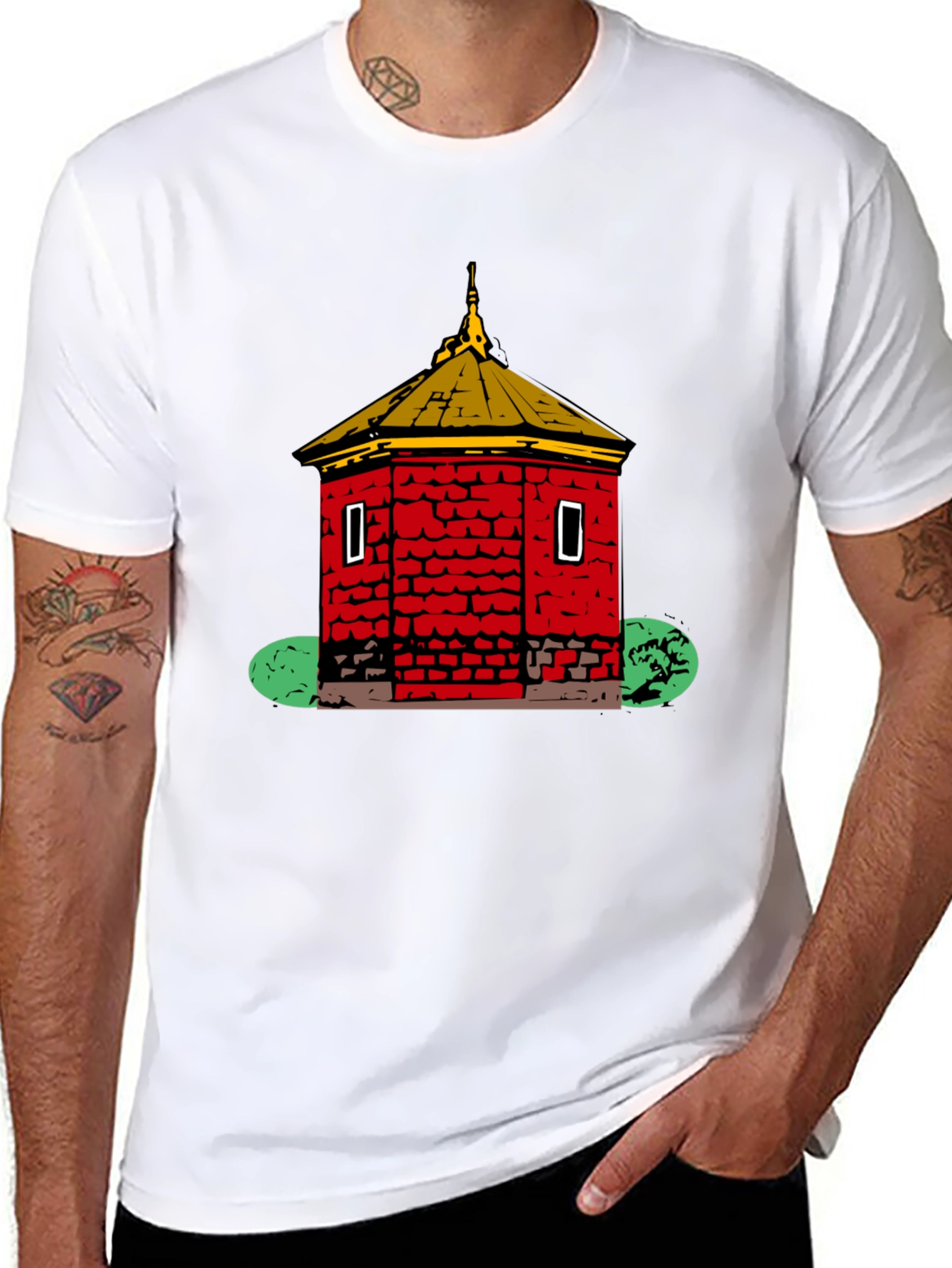 Black Red Brick Building Graphic Black T-Shirt view 8