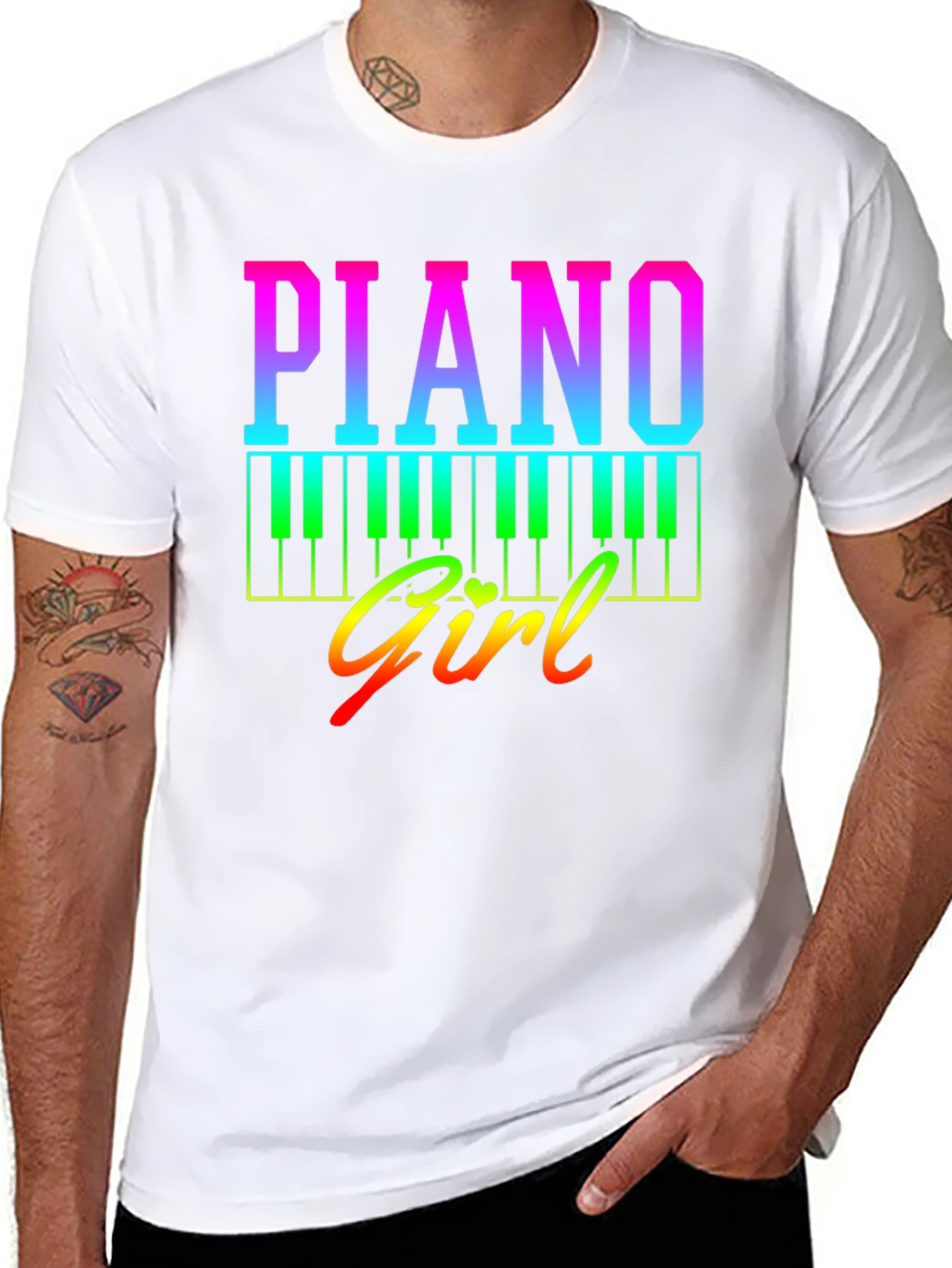 Black Piano Girl Rainbow Graphic Tee - Musician's Shirt view 8