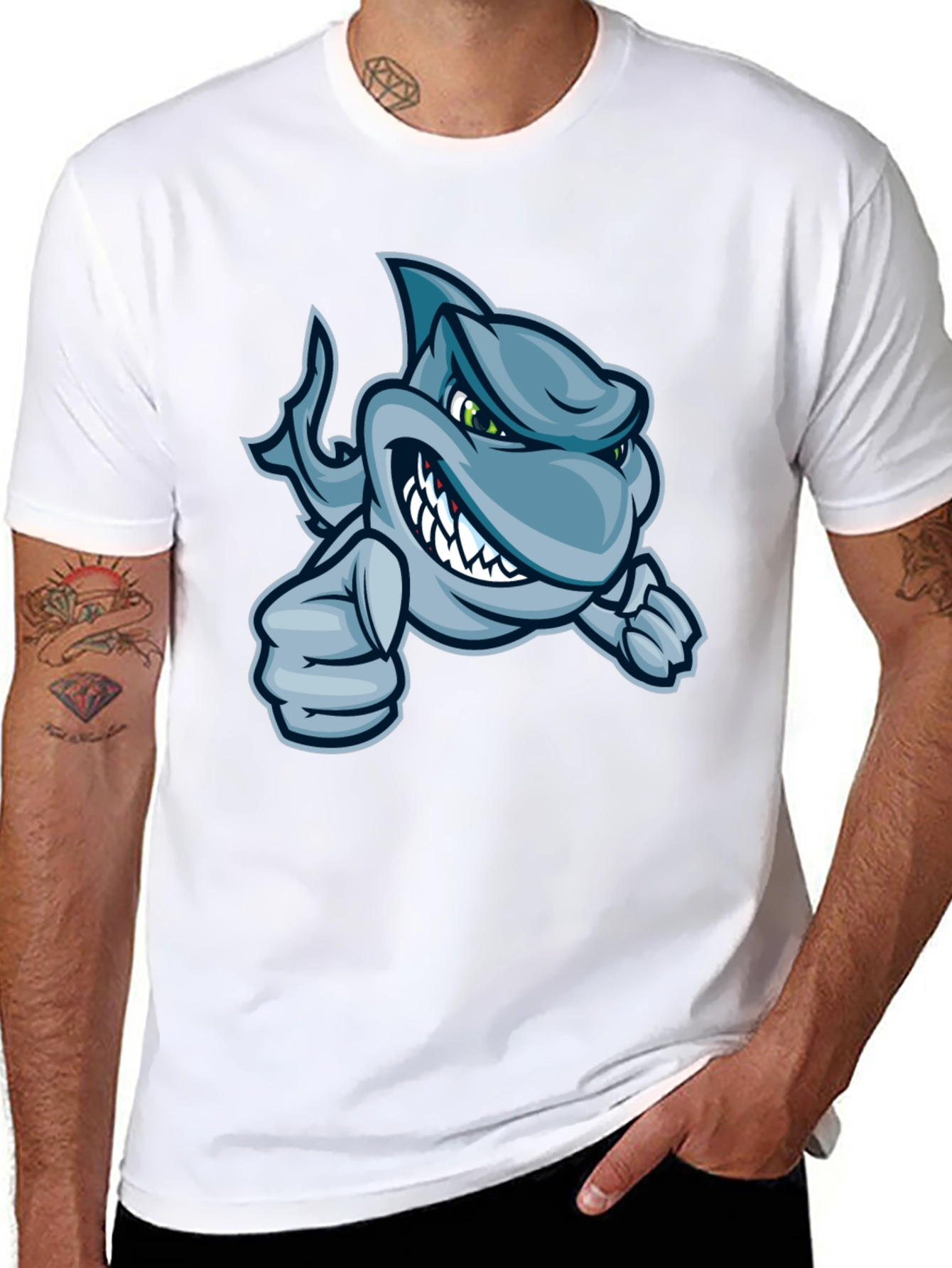 Black Cool Cartoon Shark Graphic T-Shirt view 8