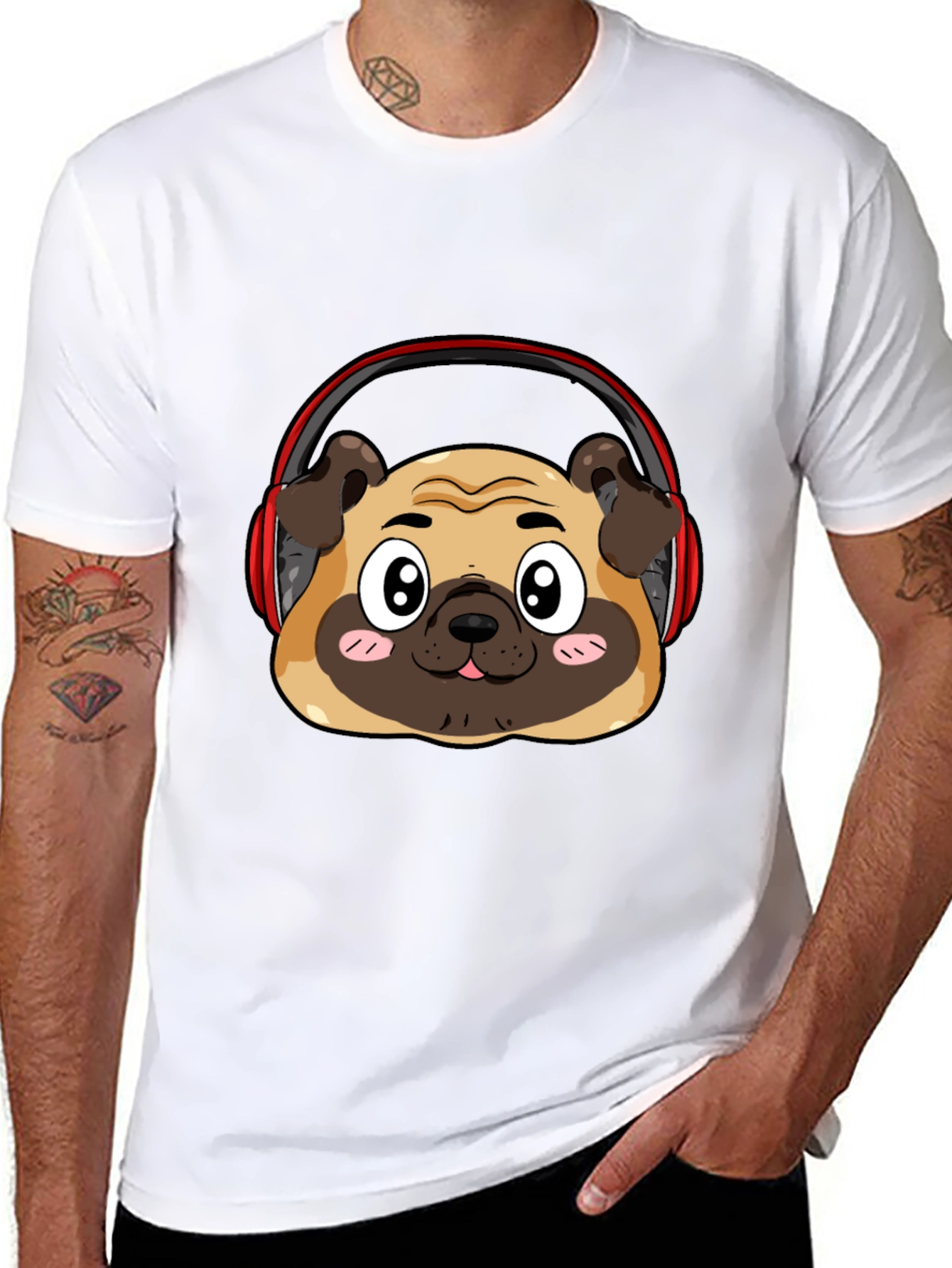 Black Pug Headphone Graphic Black T-Shirt view 8