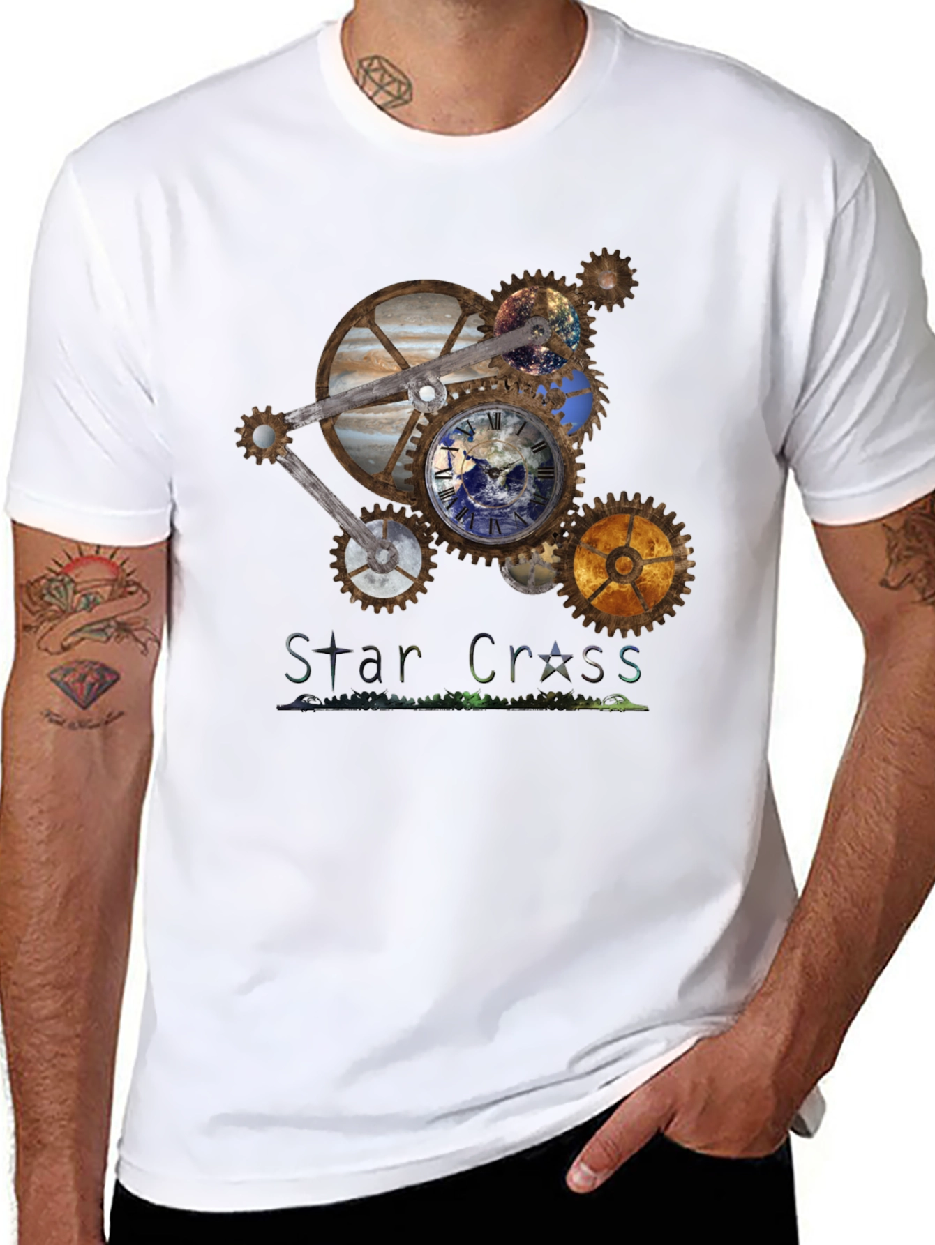 Black Steampunk Planet Gear T-Shirt - Star Cross Design view 8